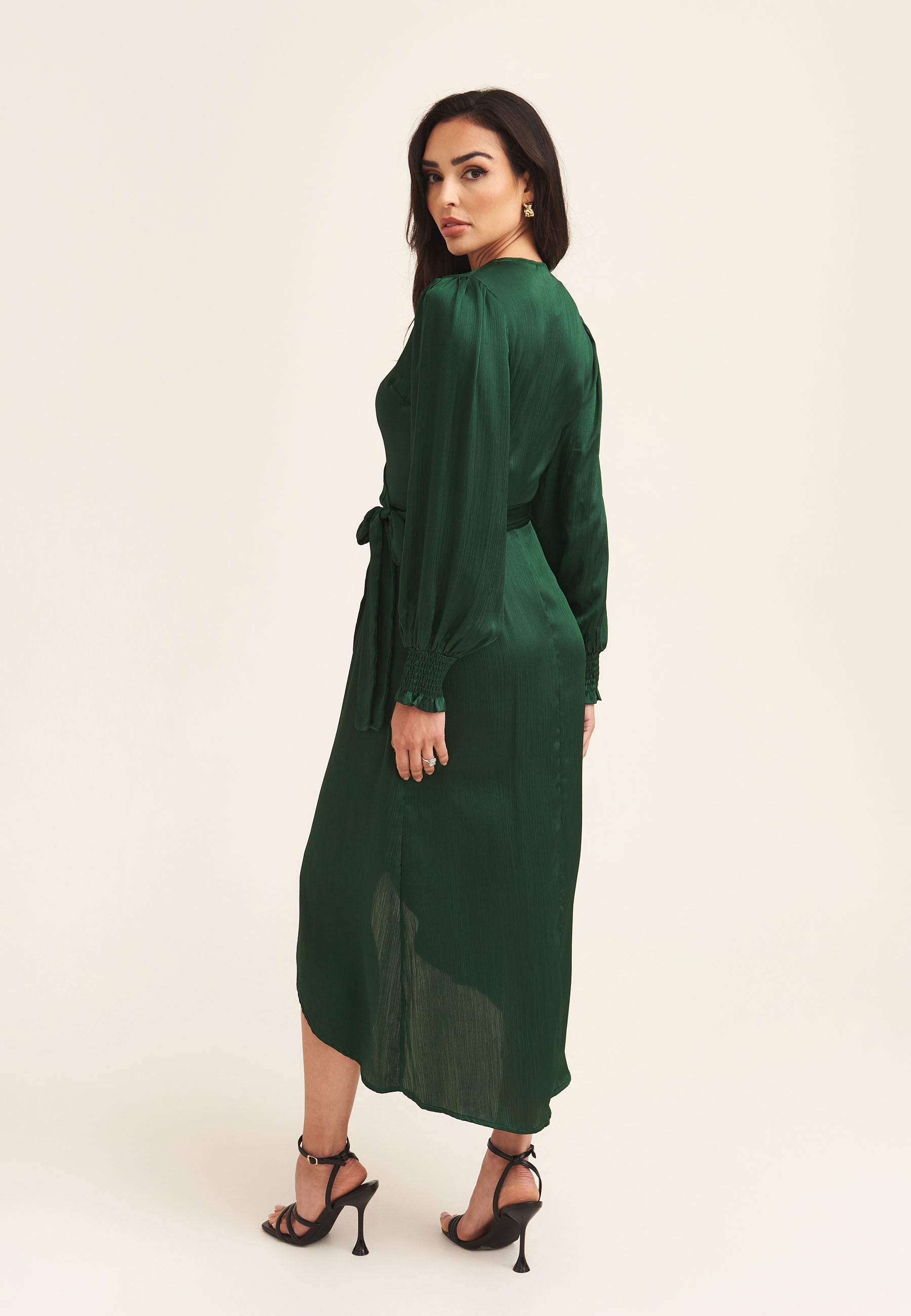 Green Satin Wrap Midi Dress