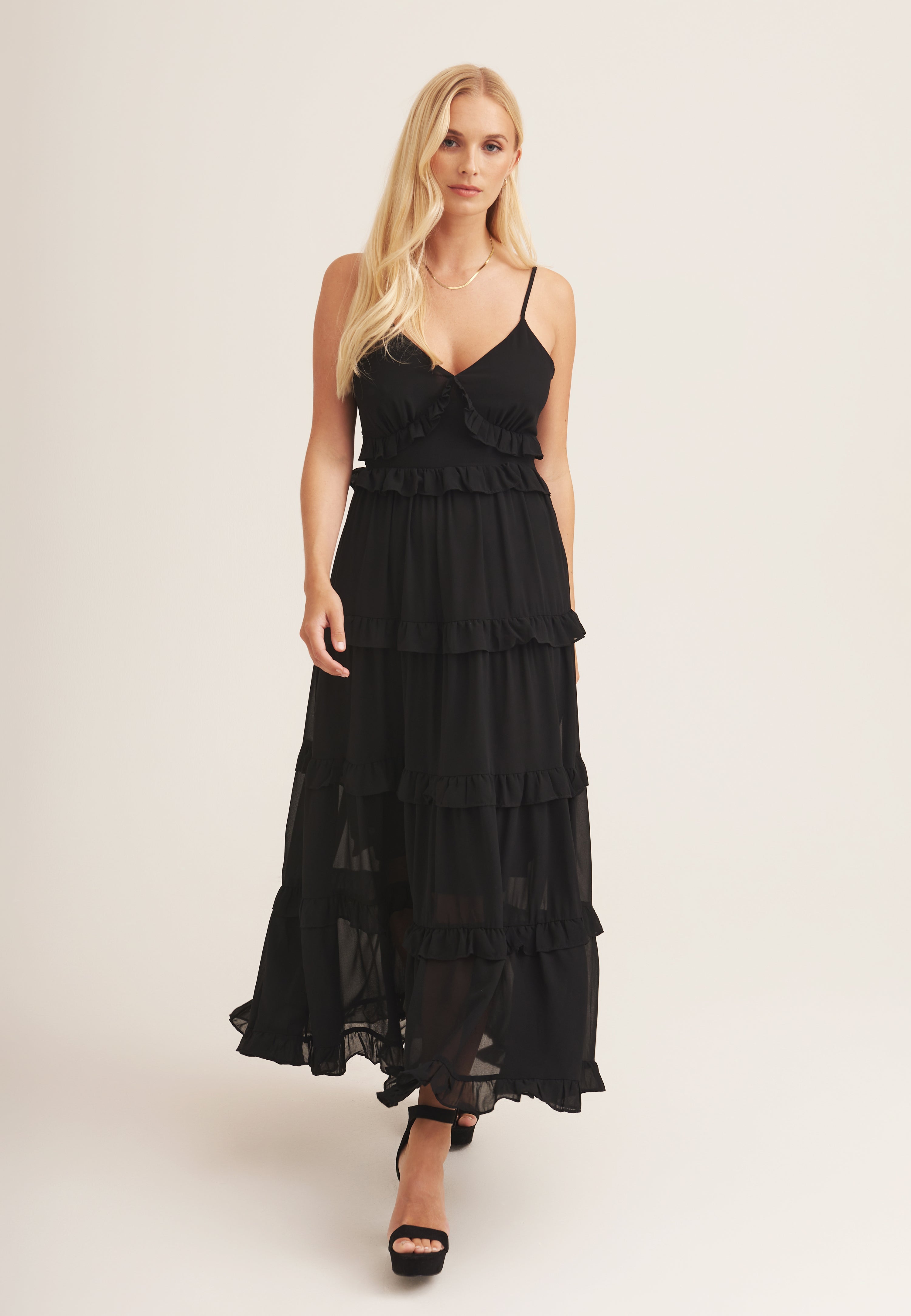 Black Frill Tiered Midaxi Dress