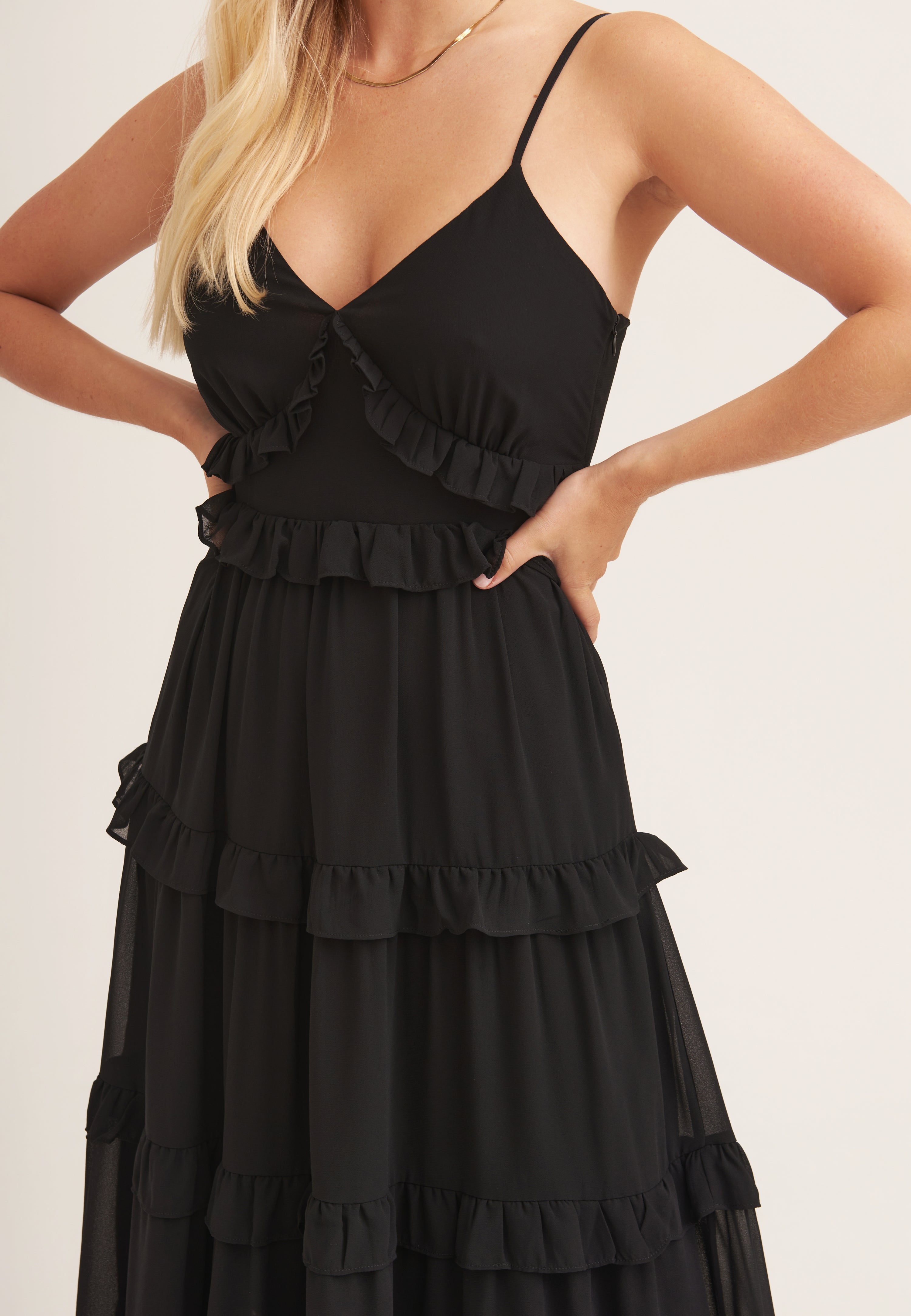 Black Frill Tiered Midaxi Dress