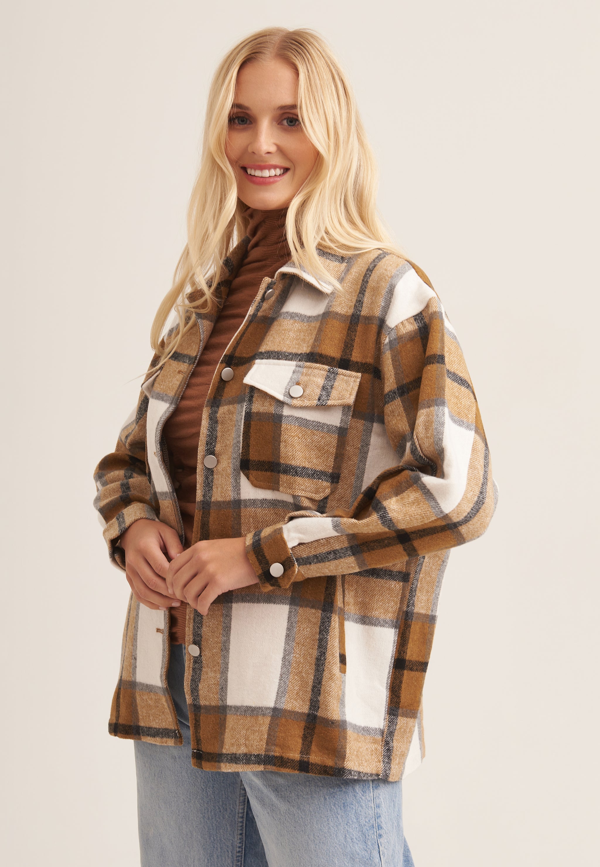 Camel Check Oversized Pocket Detail Shacket – Gini London