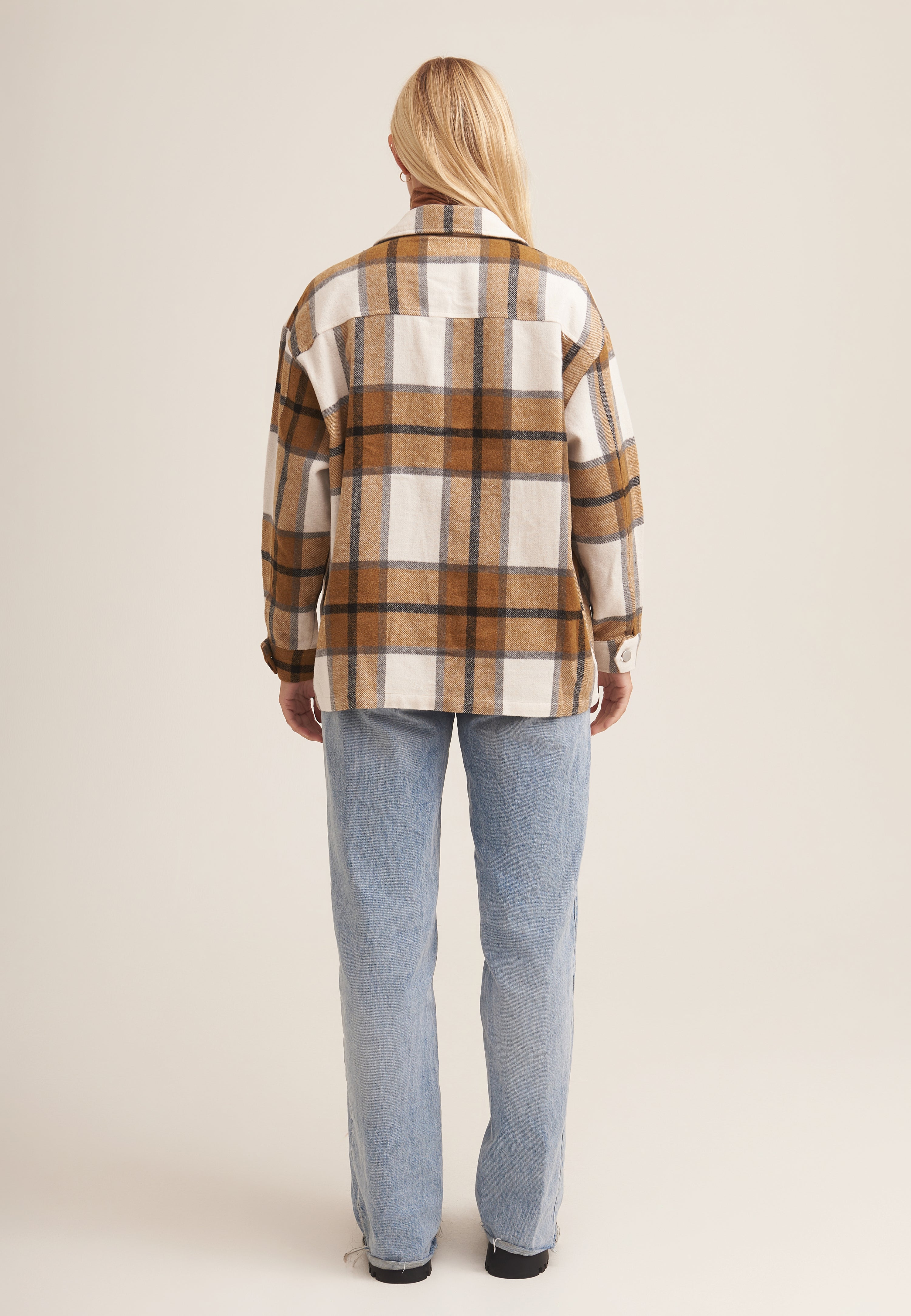 Camel Check Oversized Pocket Detail Shacket