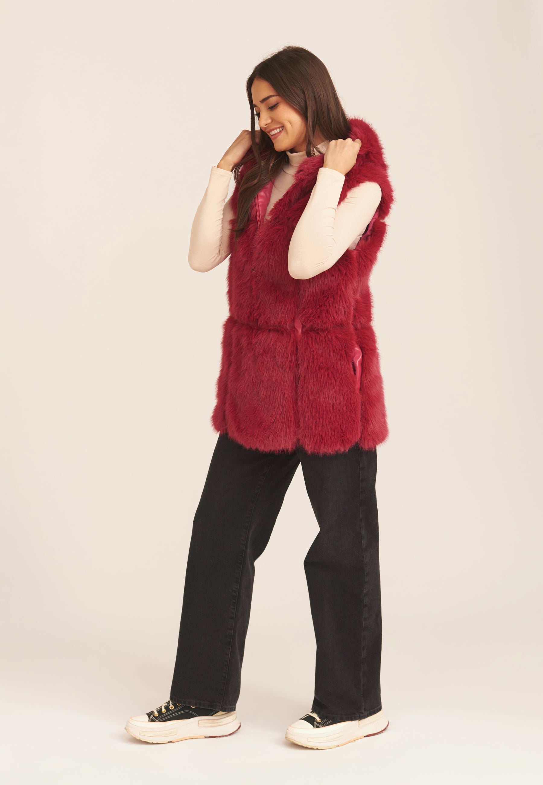 Red Soft Touch Fur Longline Gilet
