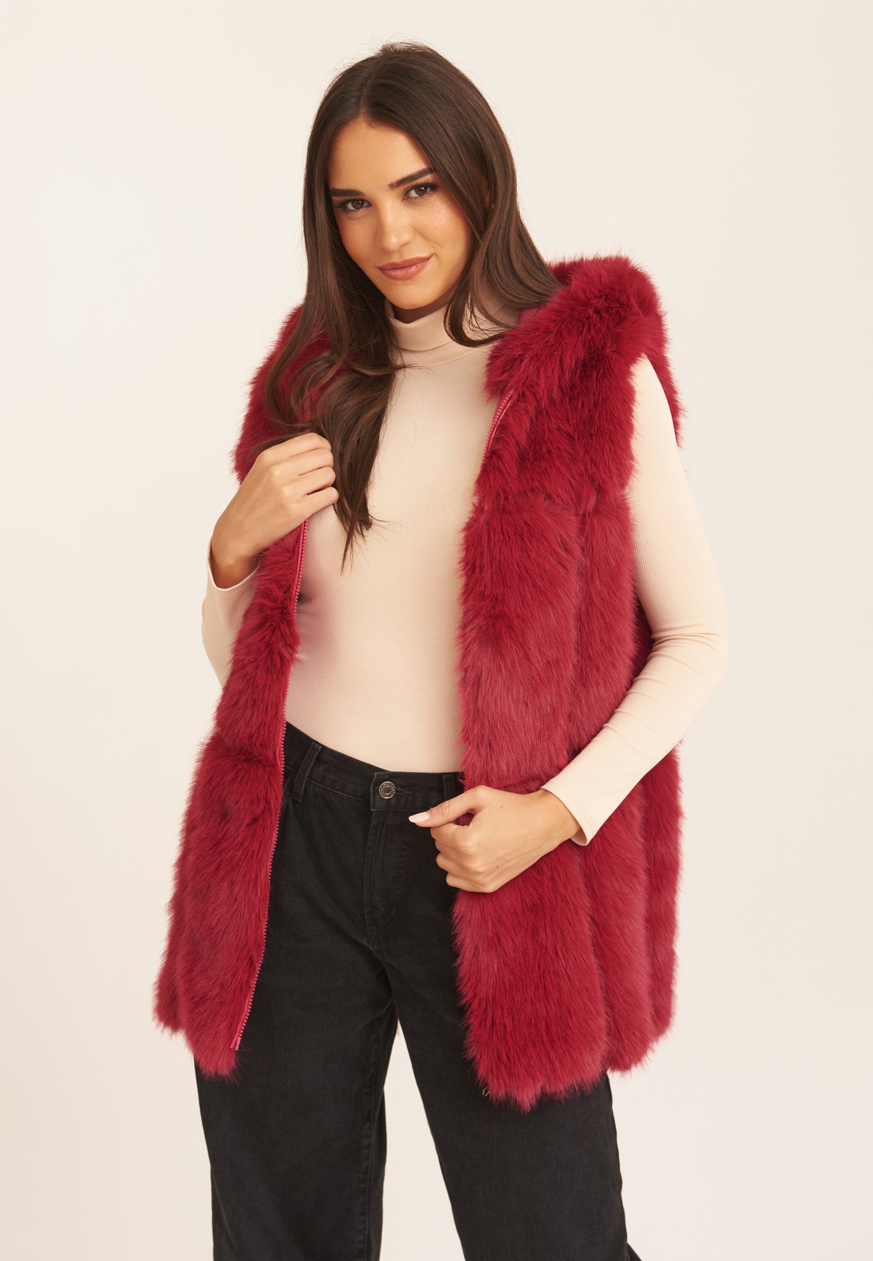 Red Soft Touch Fur Longline Gilet