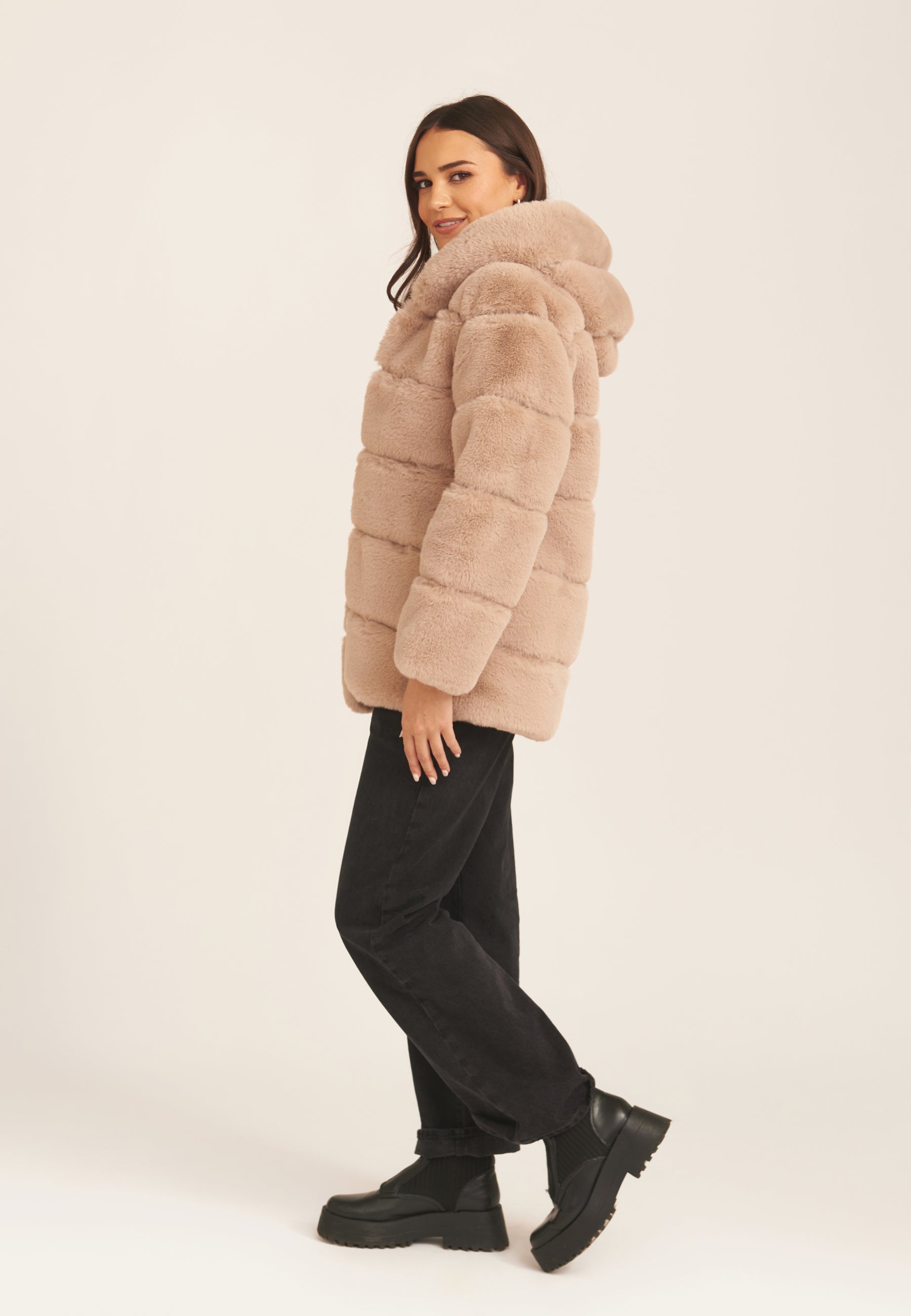 Mink Brown Horizontal Cut Fur Hooded Jacket