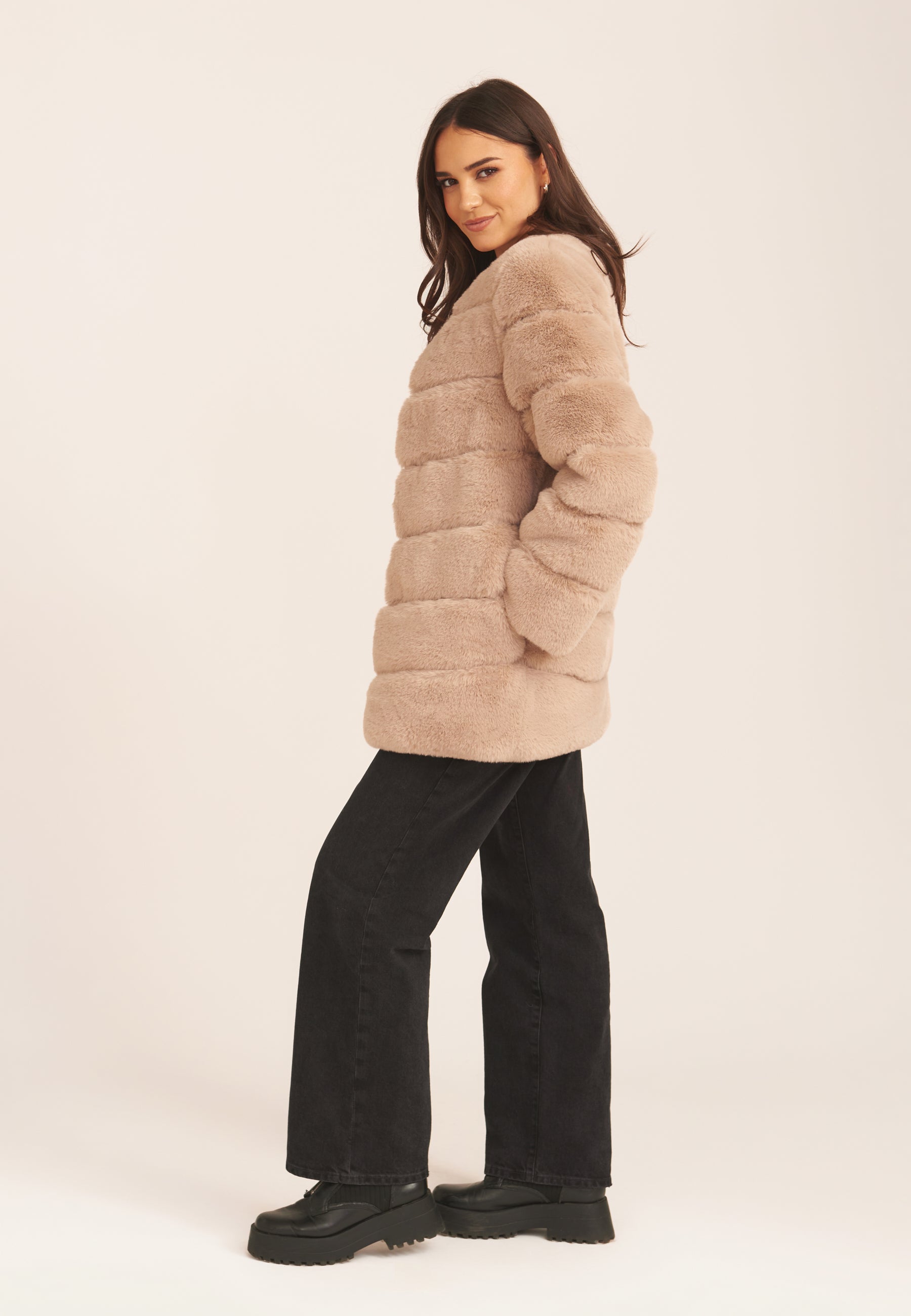 Mink Brown Diagonal Cut Faux Fur Long Sleeve Jacket