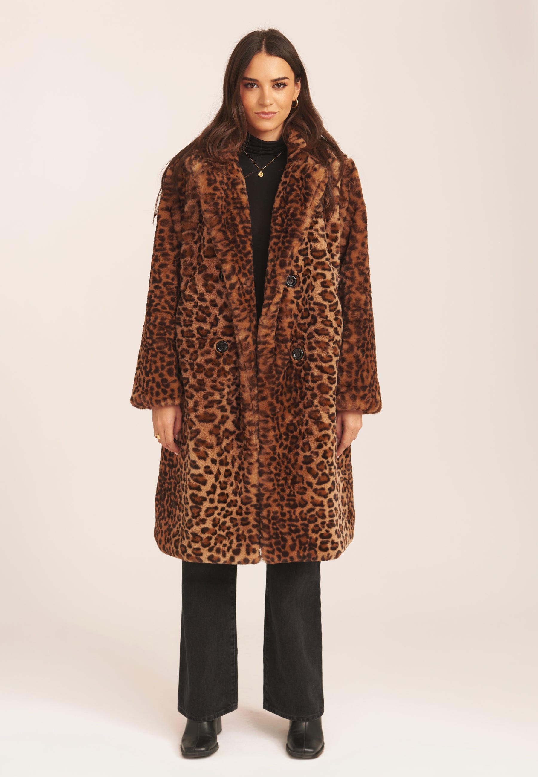 Brown Leopard Double Breasted Longline Faux Fur