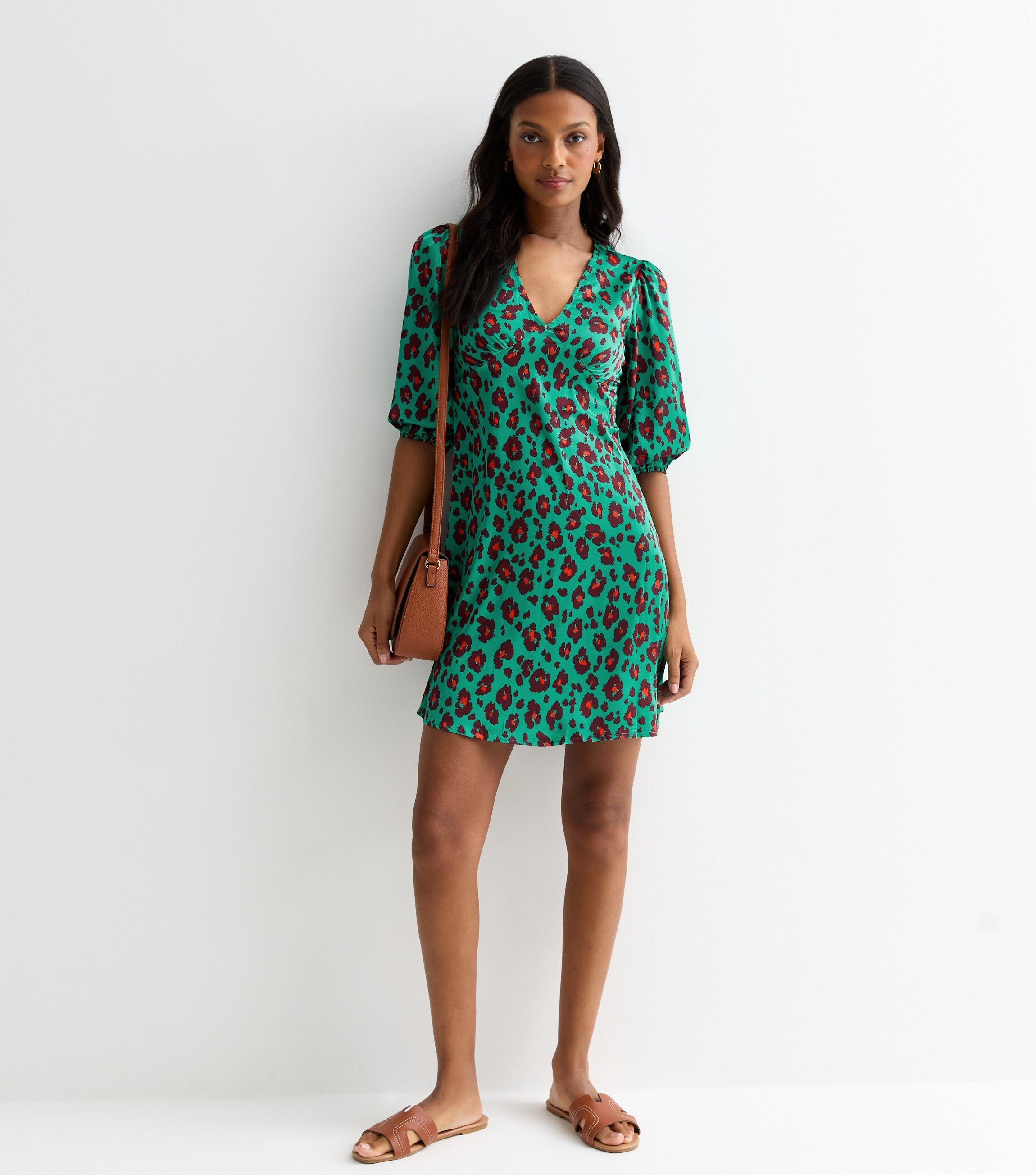 Green Animal Print V Neck Shift Mini Dress