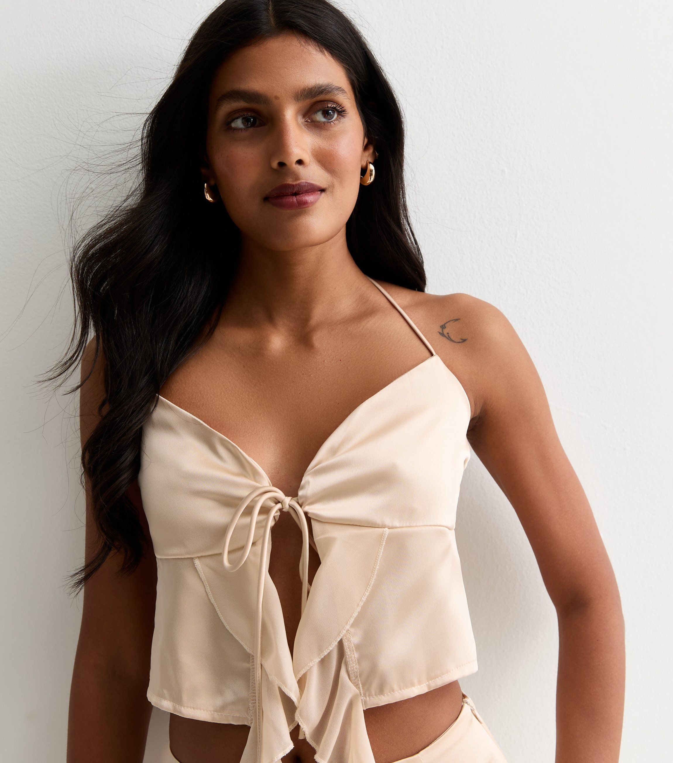 Champagne Satin Ruffle Tie Front Top