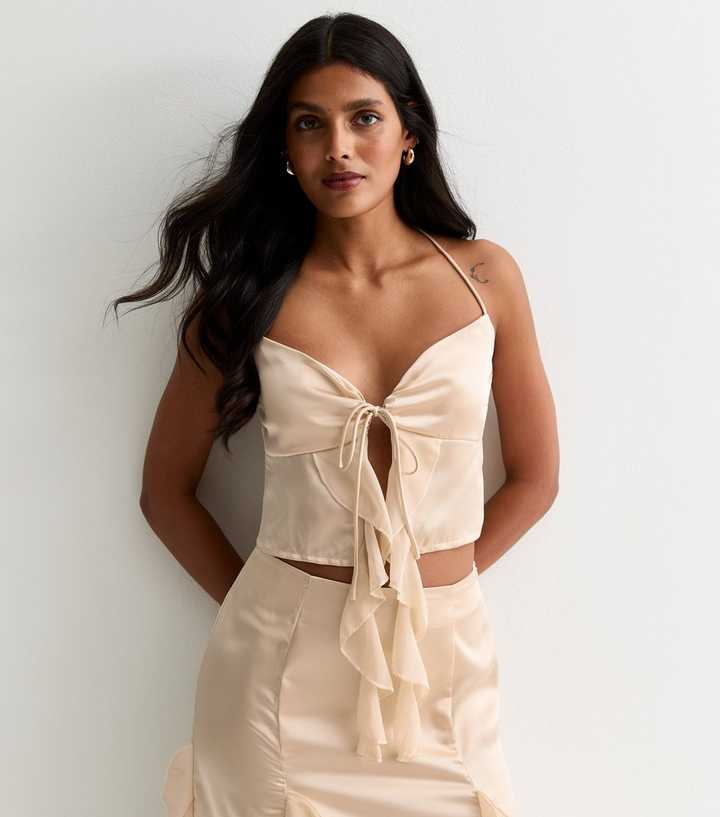 Champagne Satin Ruffle Tie Front Top