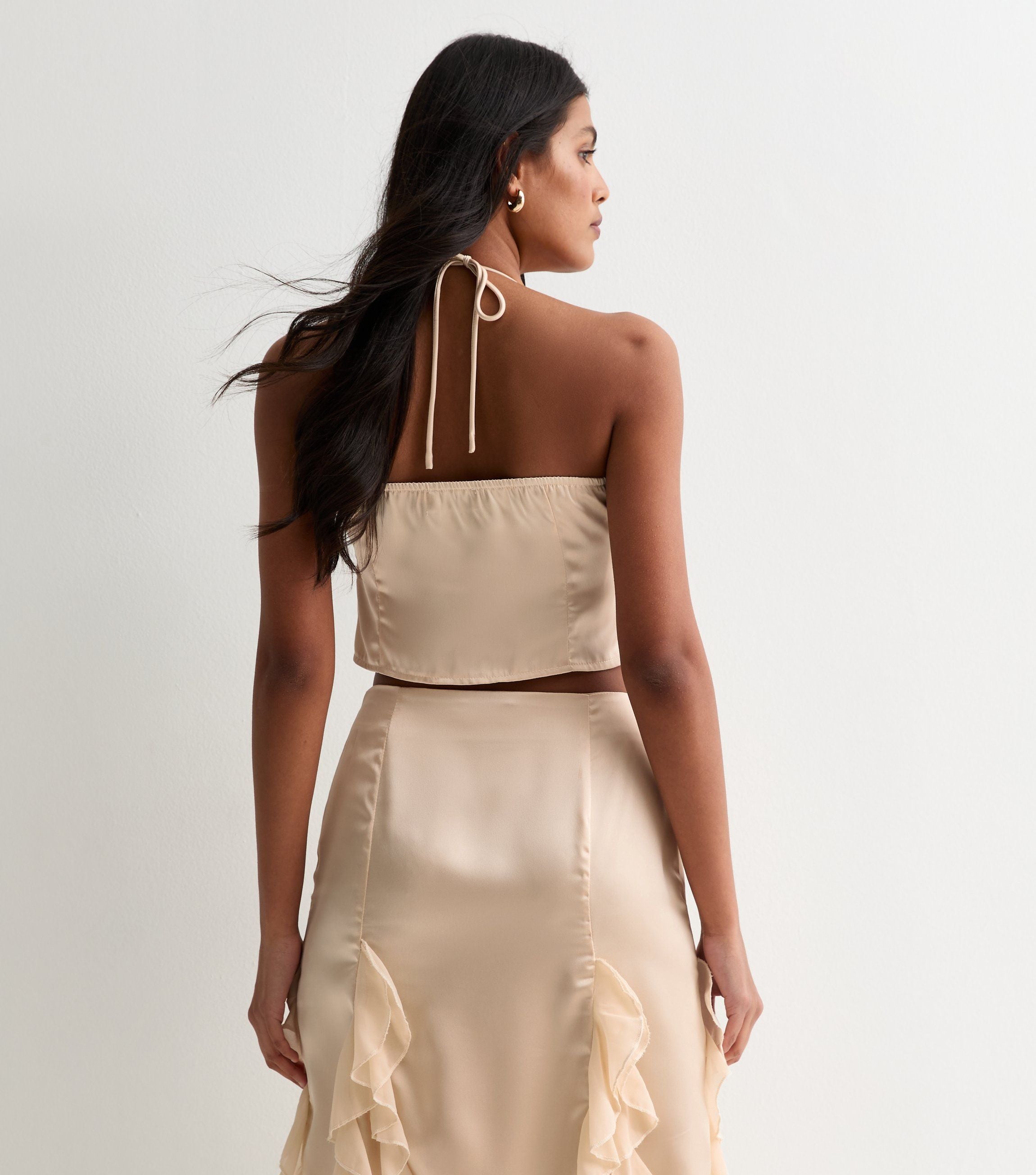 Champagne Satin Ruffle Tie Front Top