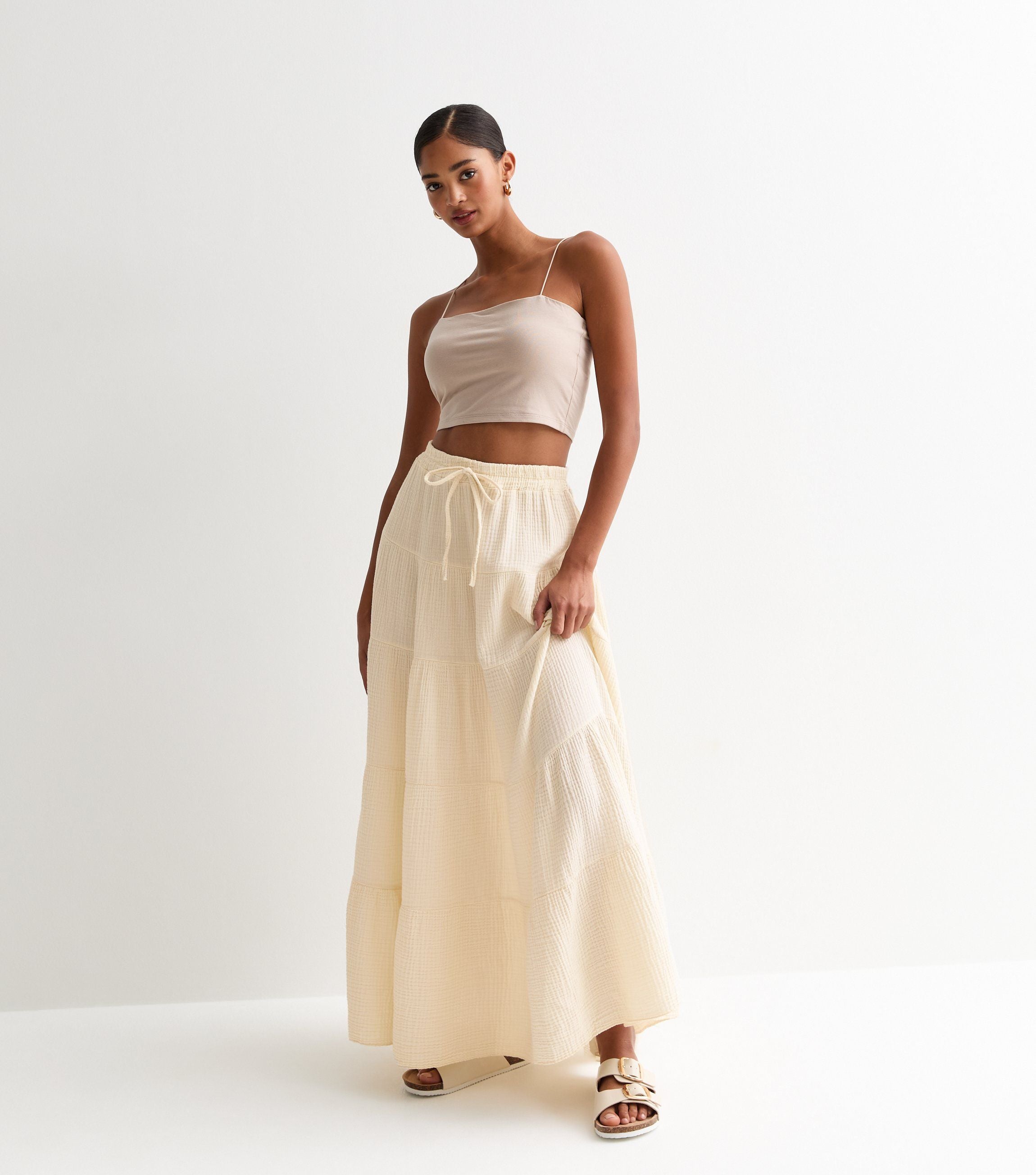 Cream Textured Cotton Tiered Maxi Skirt