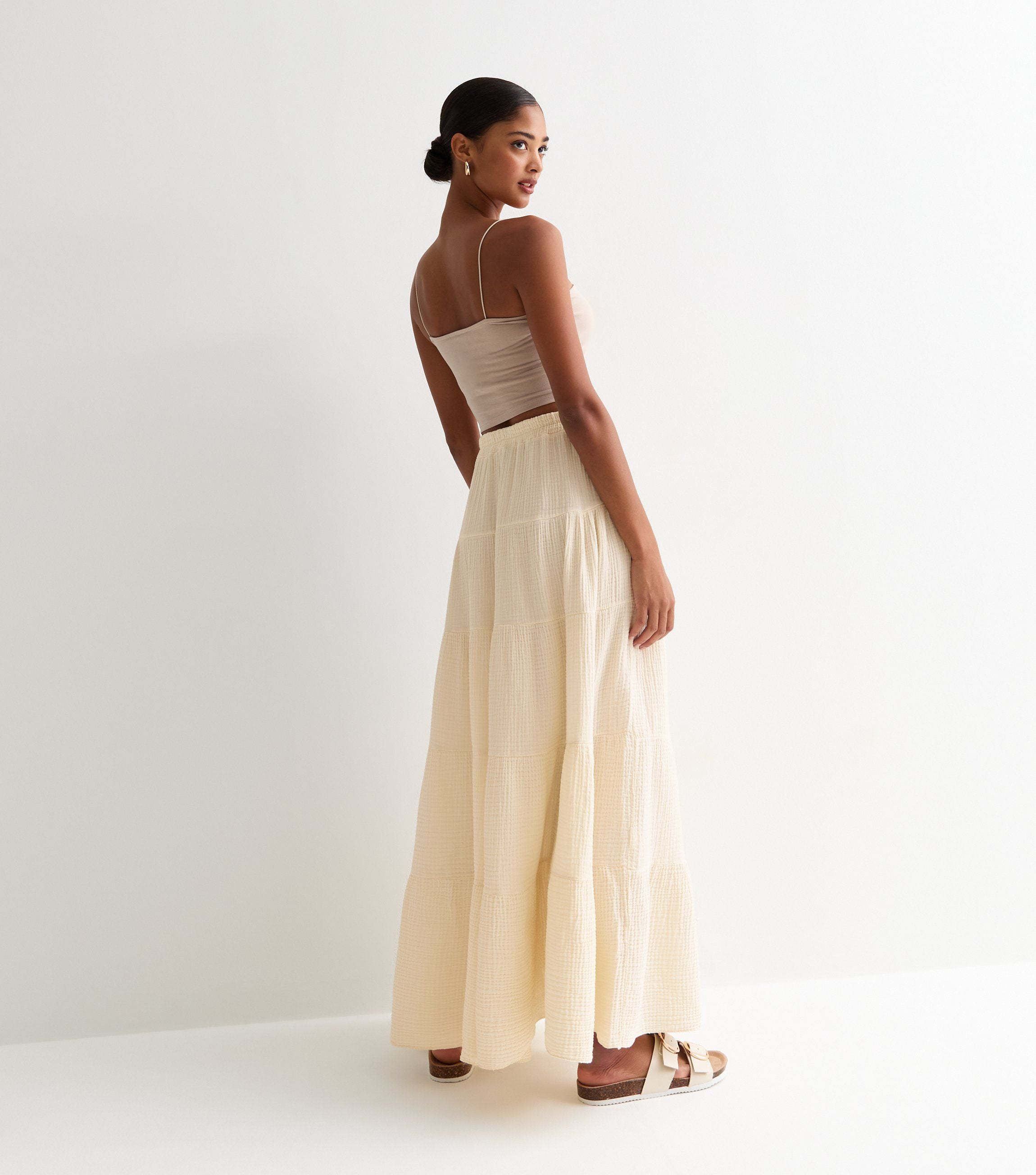 Cream Textured Cotton Tiered Maxi Skirt