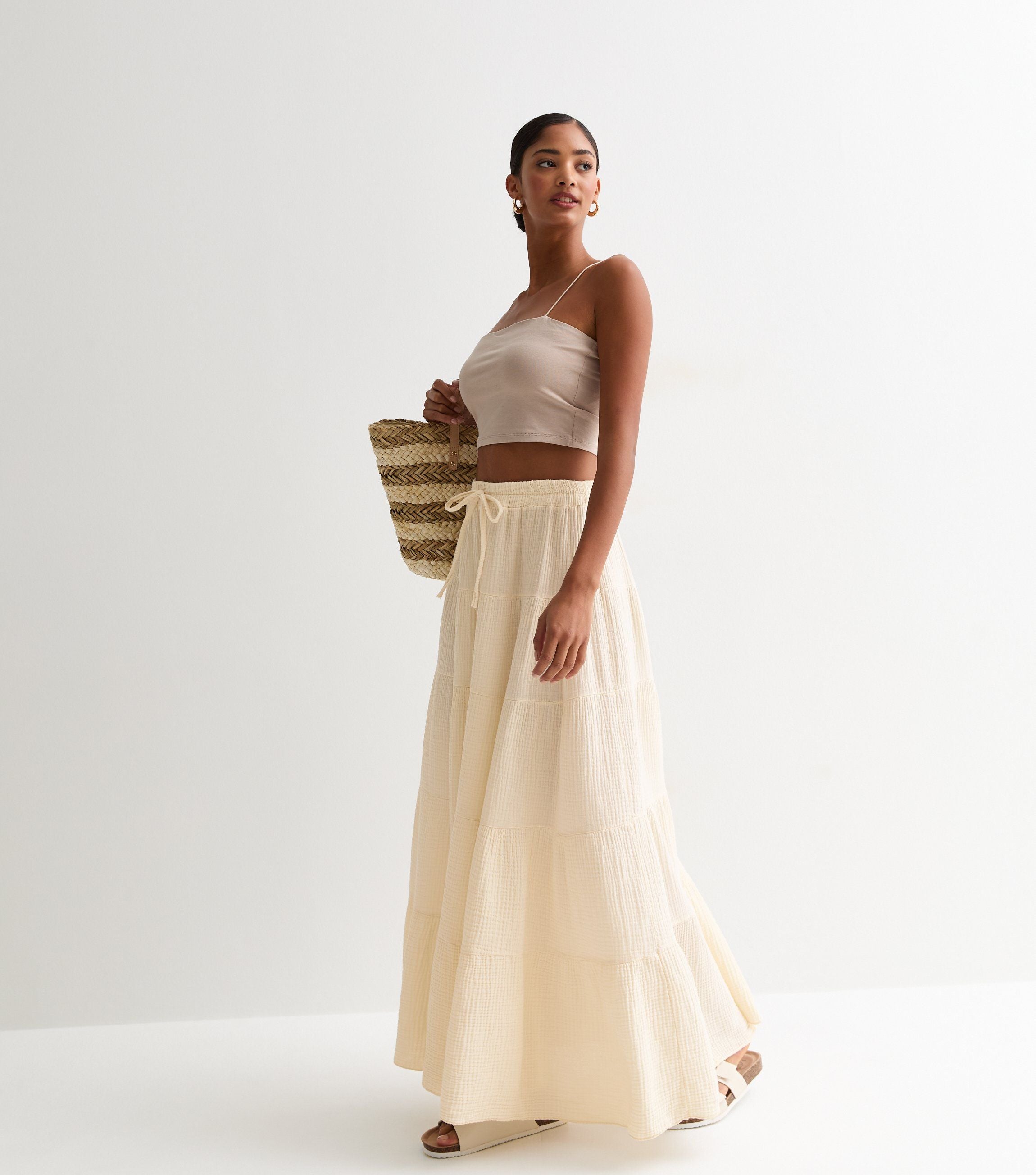 Cream Textured Cotton Tiered Maxi Skirt