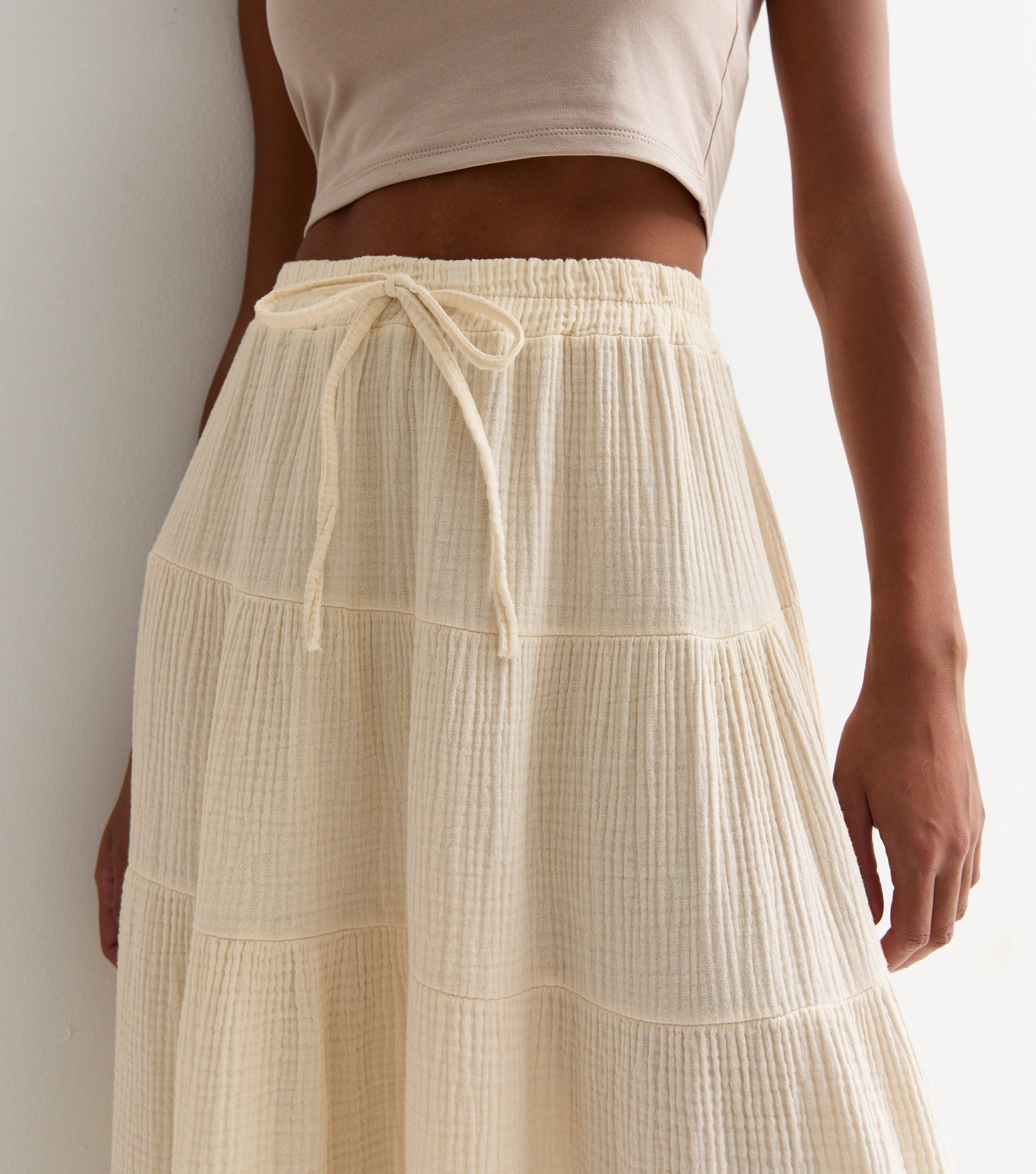 Cream Textured Cotton Tiered Maxi Skirt