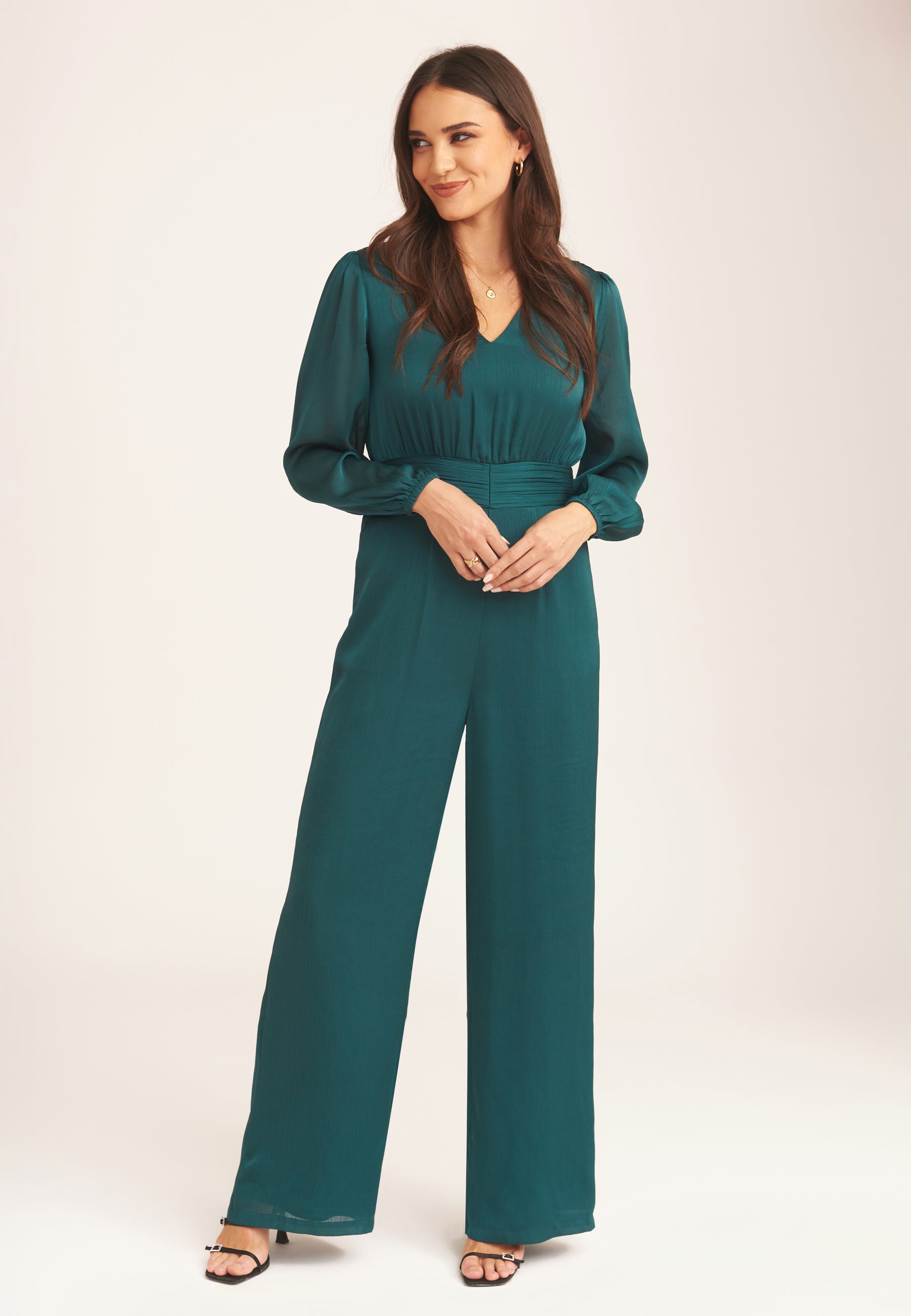 Green Satin V Neck Ruched Waist Belted Jumpsuit