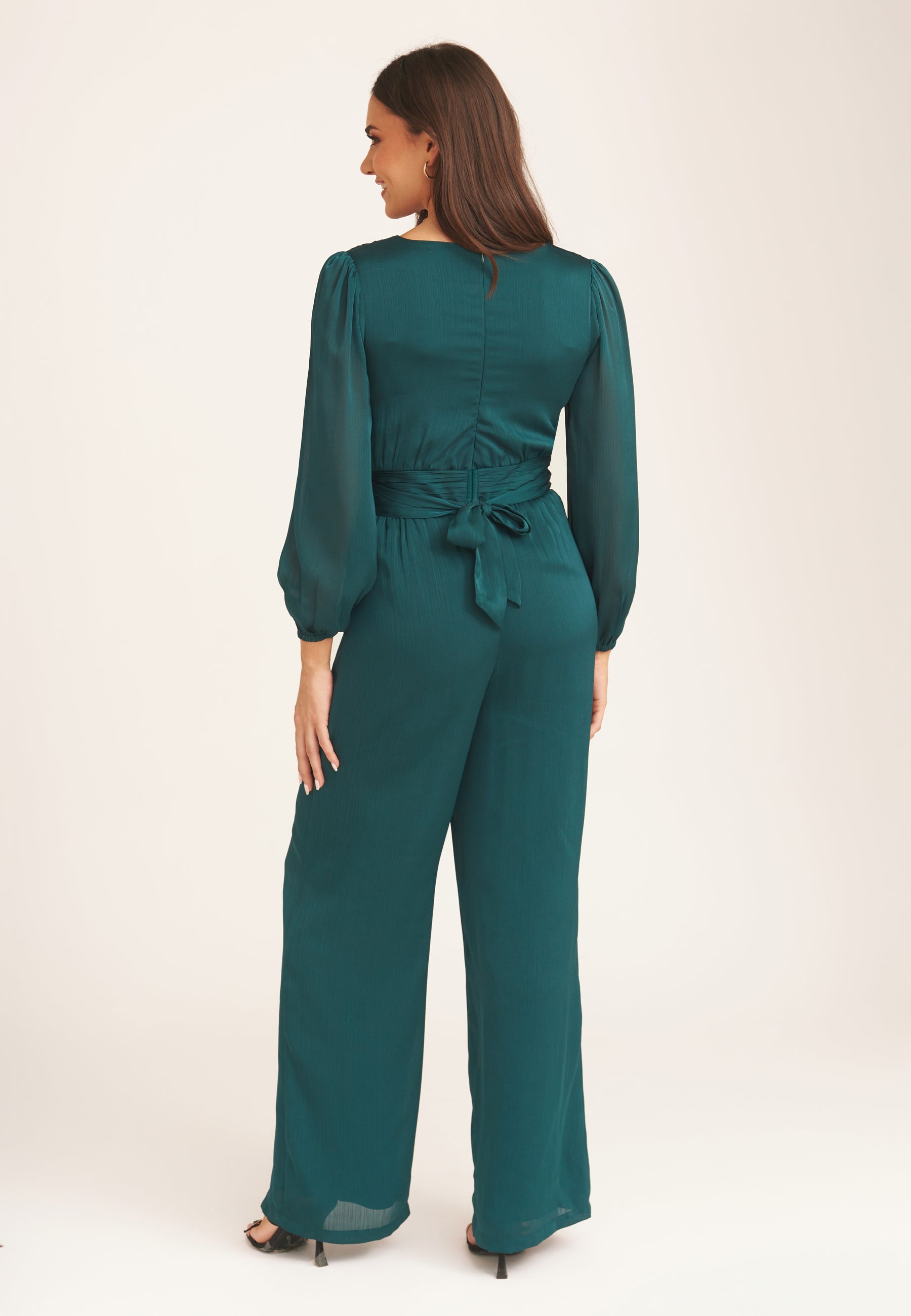 Green Satin V Neck Ruched Waist Belted Jumpsuit