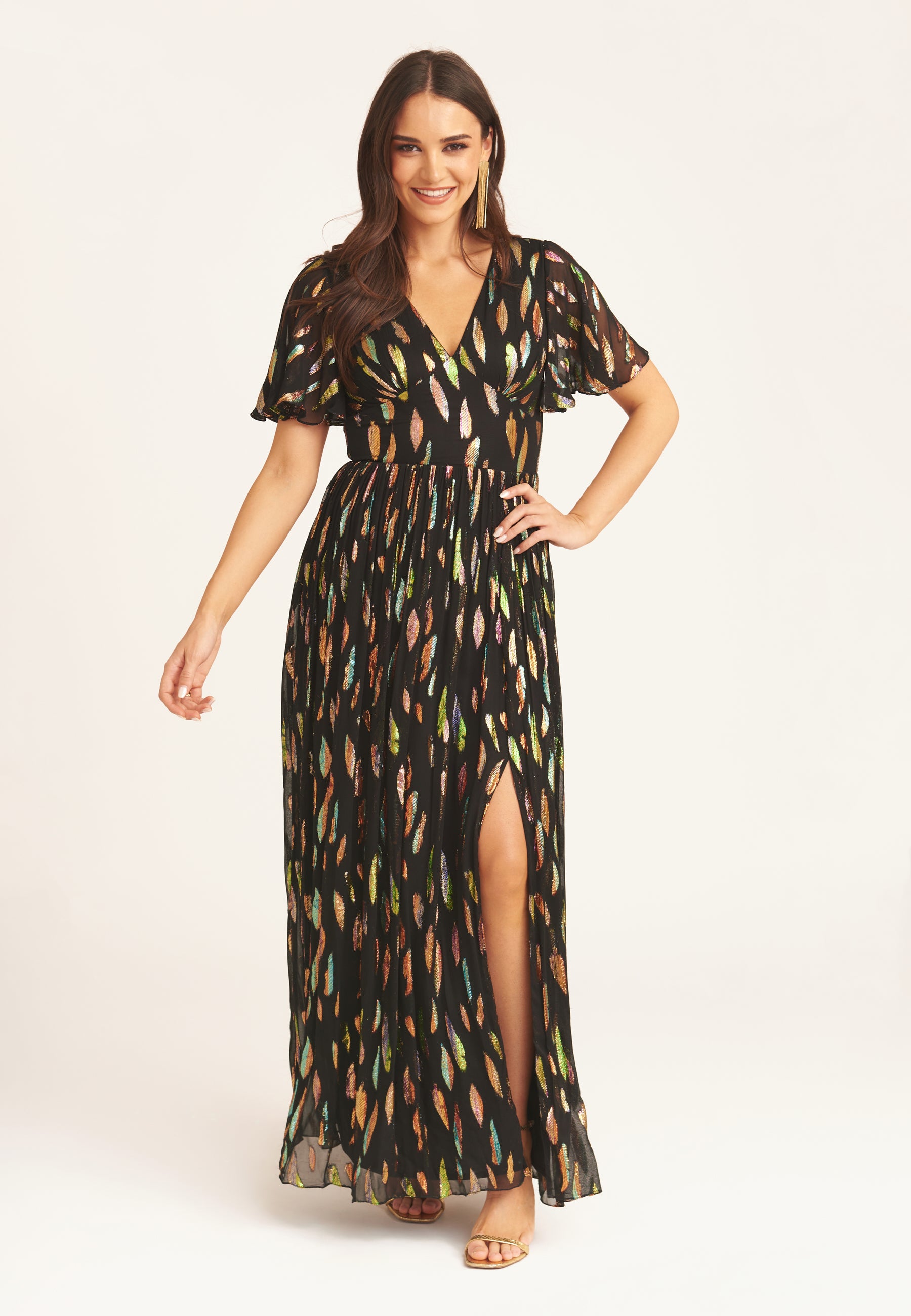 Black Multi Jacquard Angel Sleeves Maxi Dress