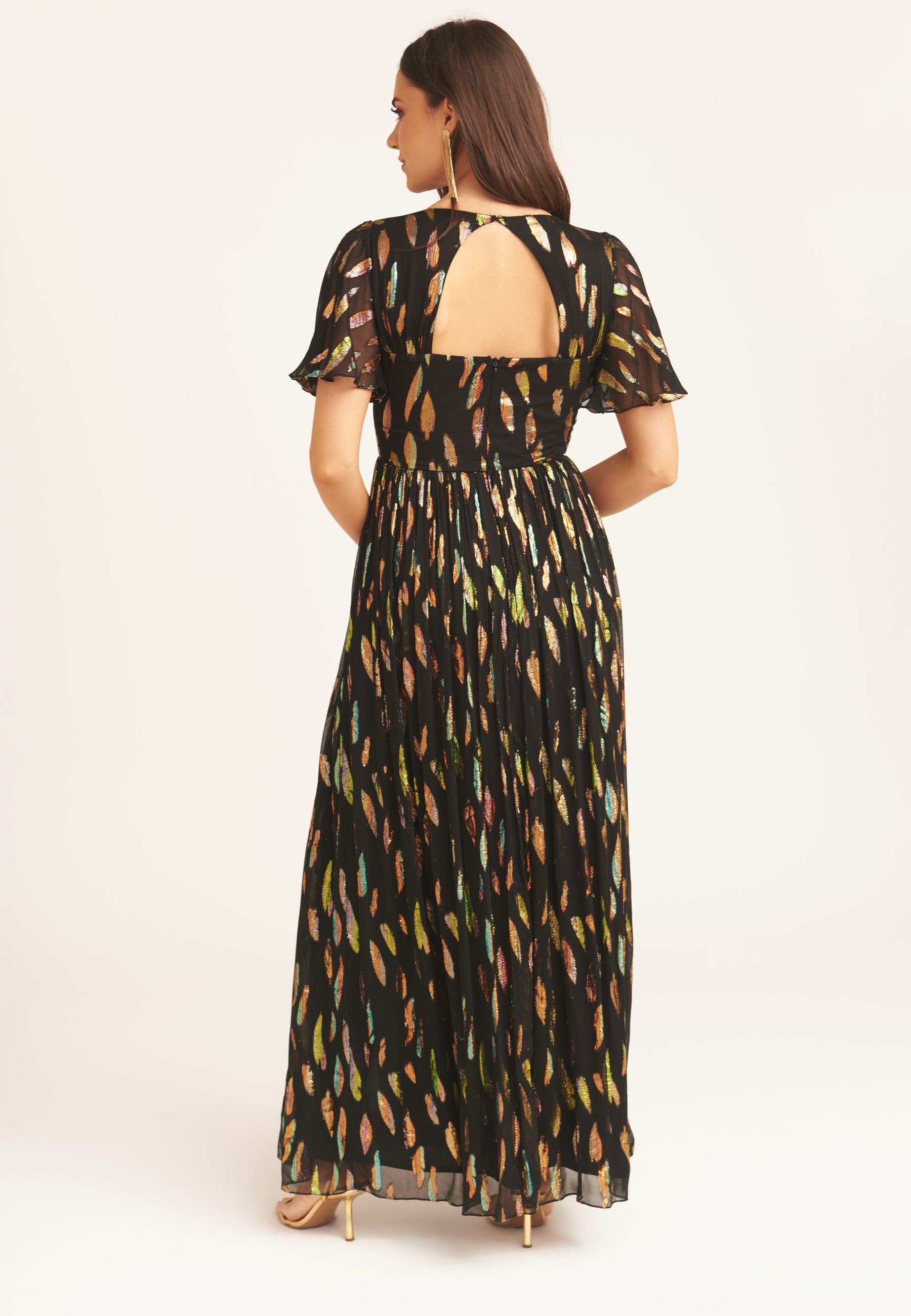 Black Multi Jacquard Angel Sleeves Maxi Dress