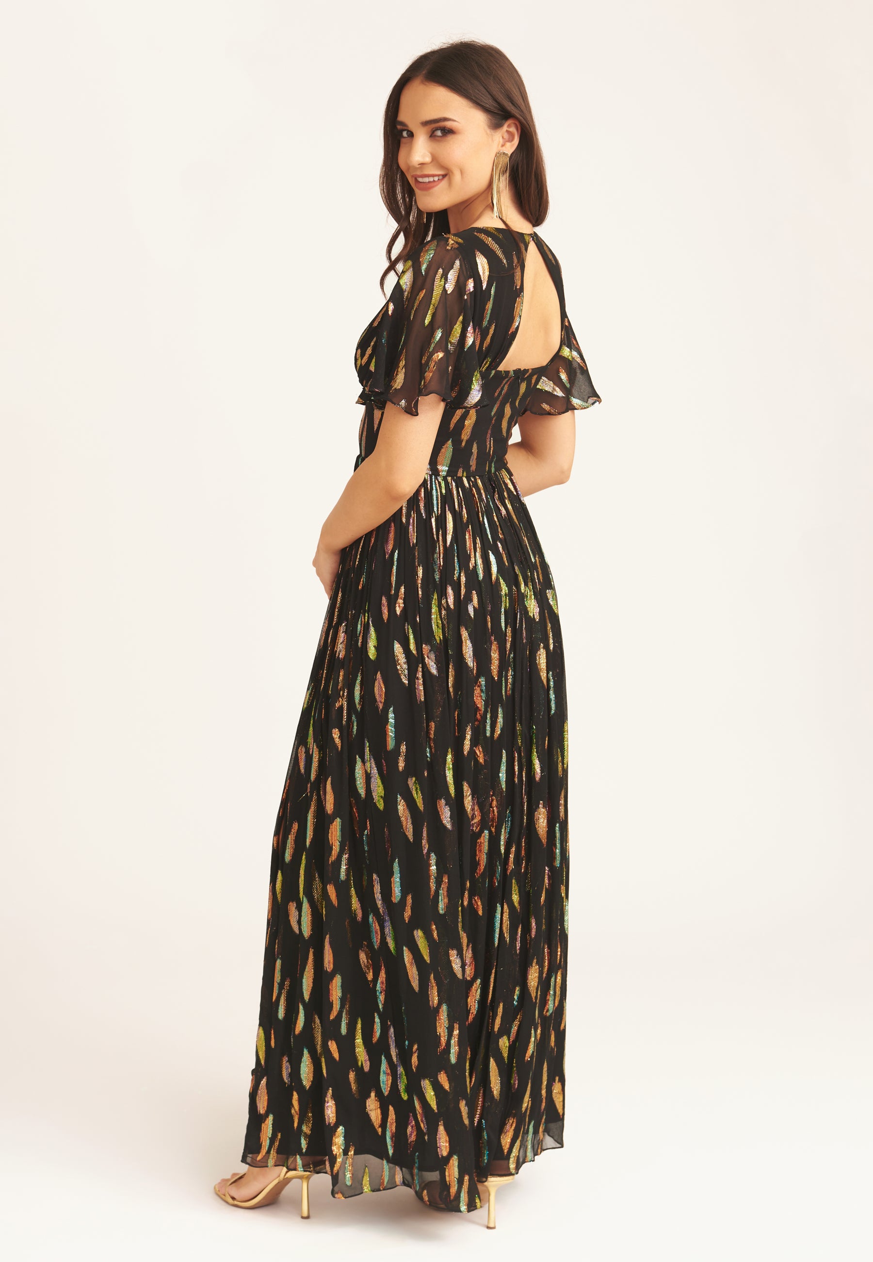 Black Multi Jacquard Angel Sleeves Maxi Dress