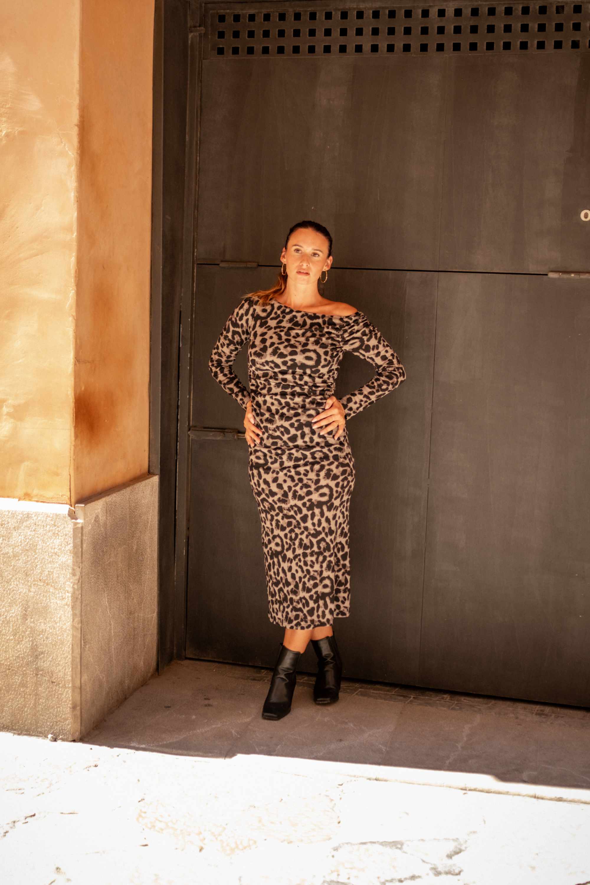 Grey Animal Jersey Animal One Shoulder Midi Dress