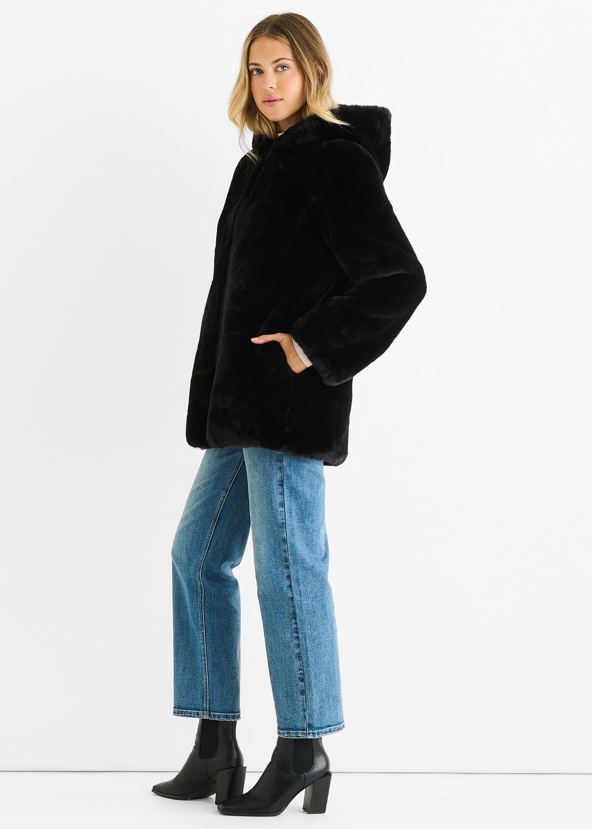 Black Hooded Long Sleeve Faux Fur Jacket