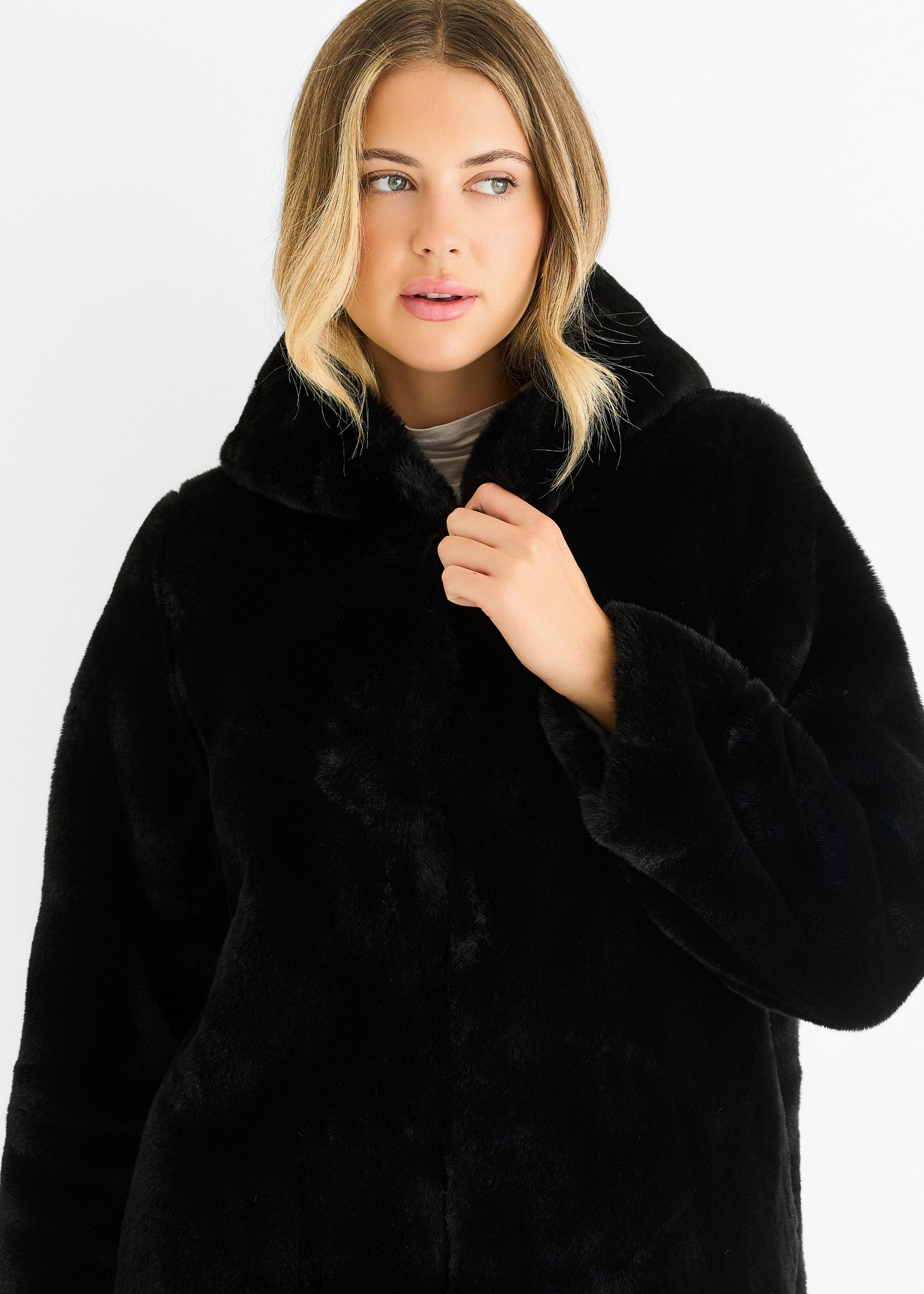 Black Hooded Long Sleeve Faux Fur Jacket