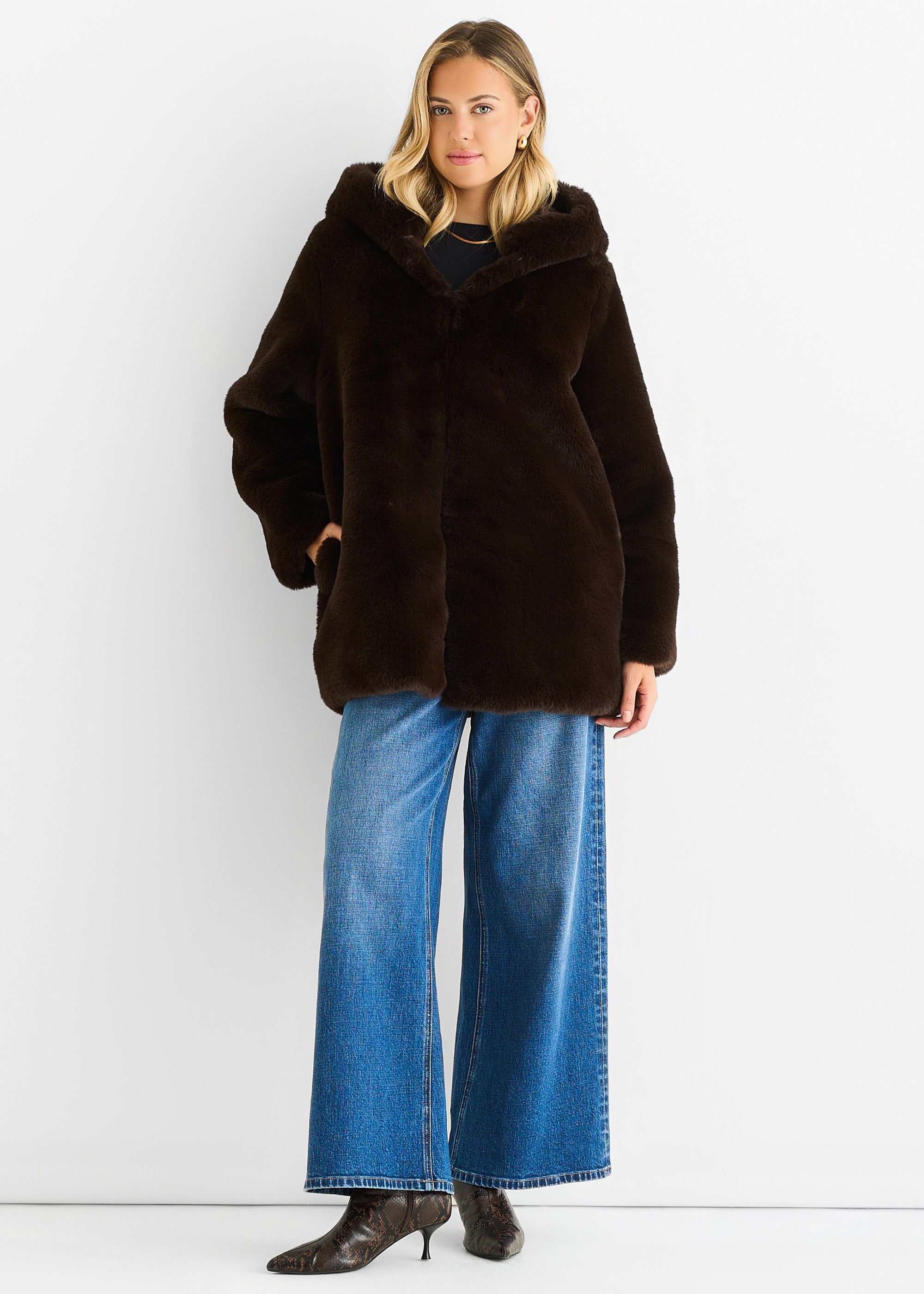Chocolate Hooded Long Sleeve Faux Fur Jacket