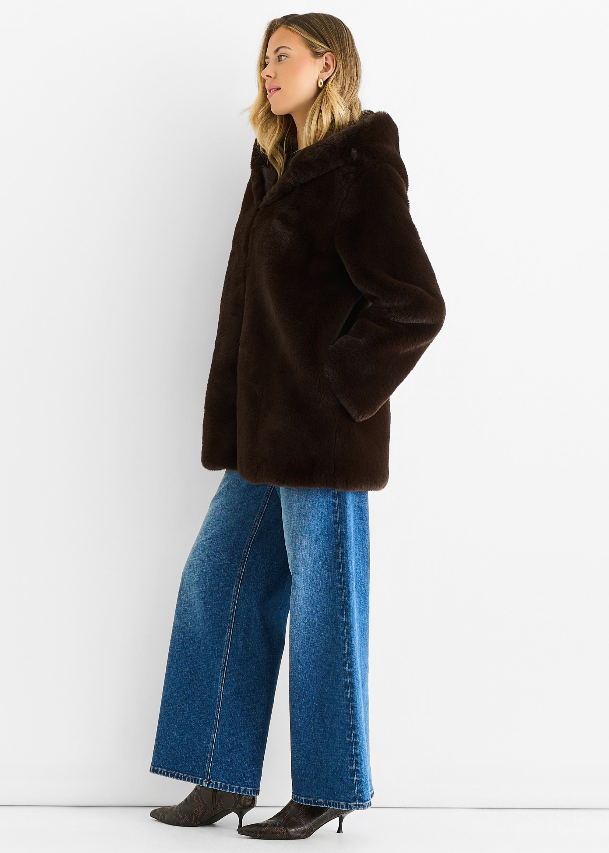 Chocolate Hooded Long Sleeve Faux Fur Jacket