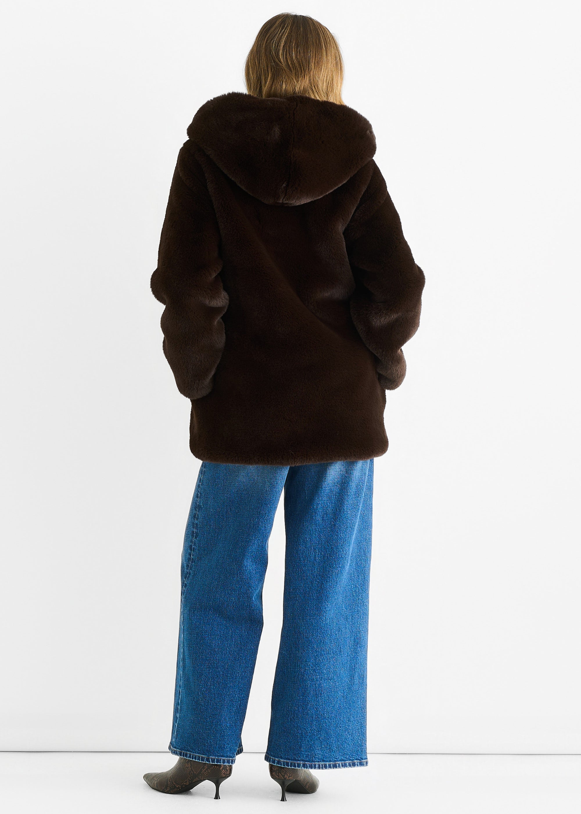 Chocolate Hooded Long Sleeve Faux Fur Jacket