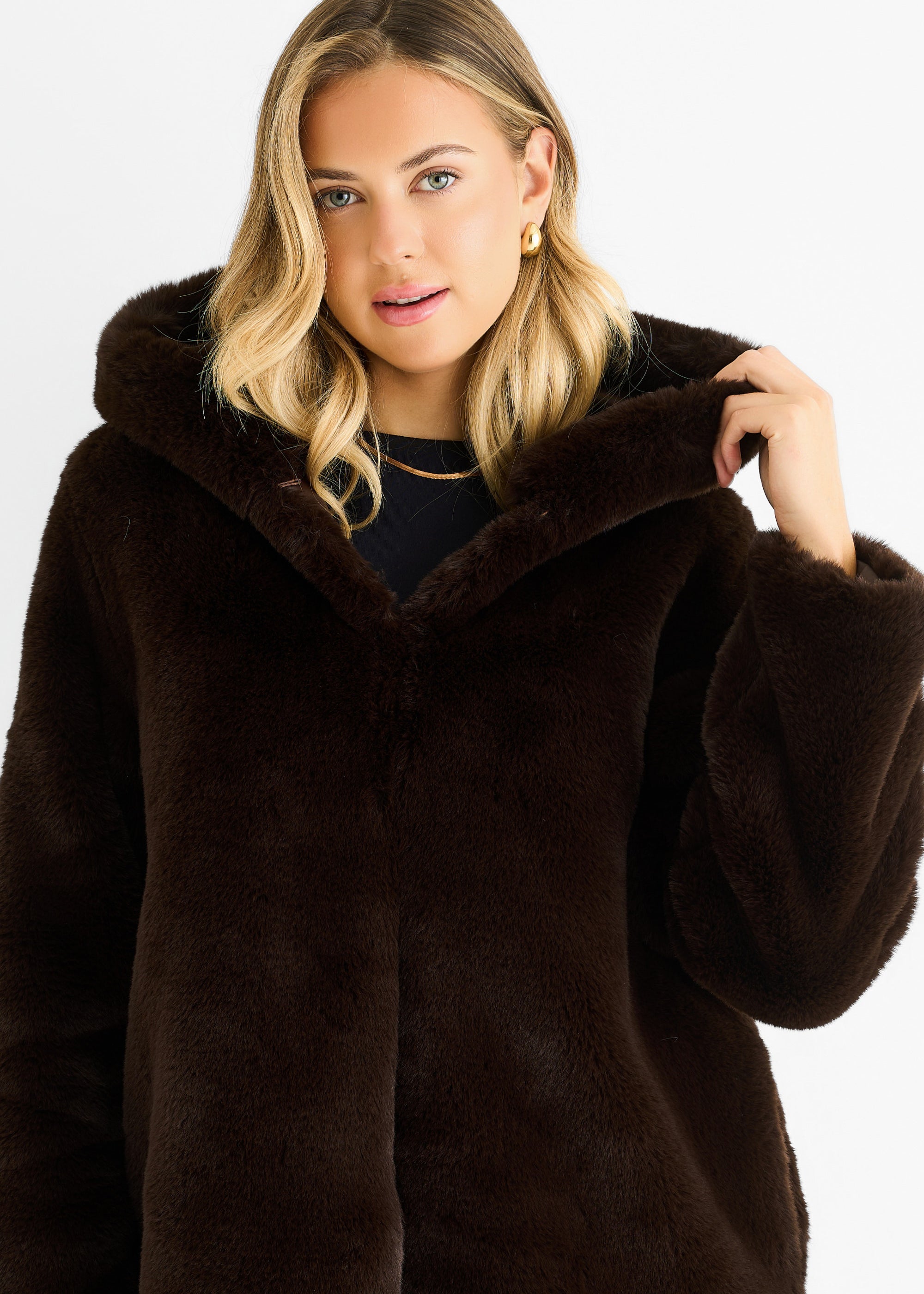 Chocolate Hooded Long Sleeve Faux Fur Jacket