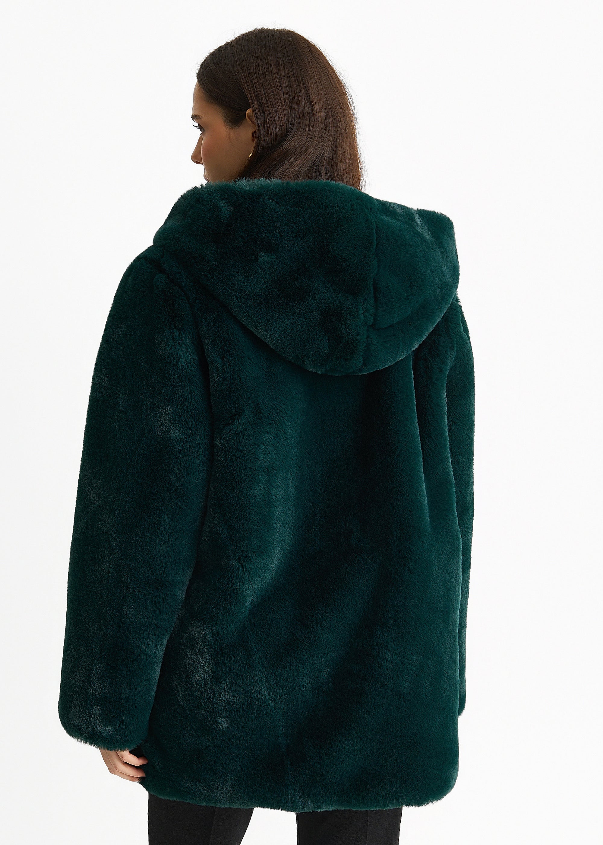 Emerald Green Hooded Long Sleeve Faux Fur Jacket
