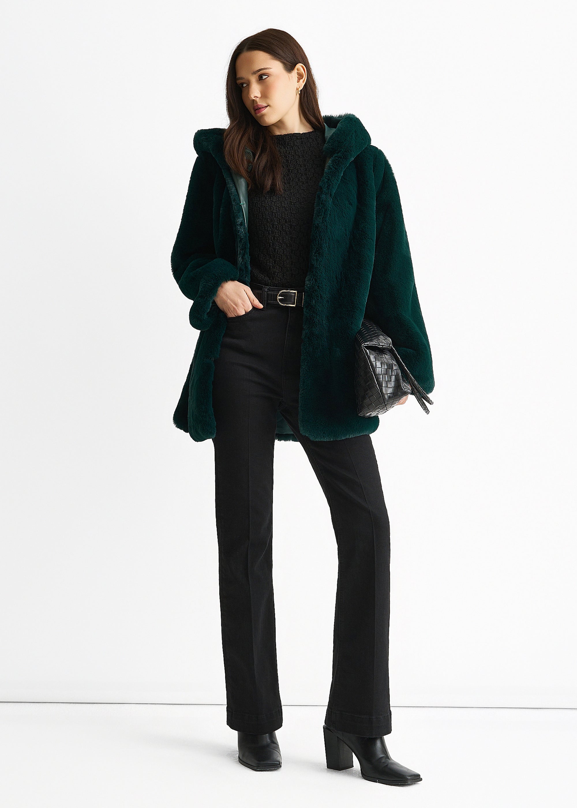 Emerald Green Hooded Long Sleeve Faux Fur Jacket