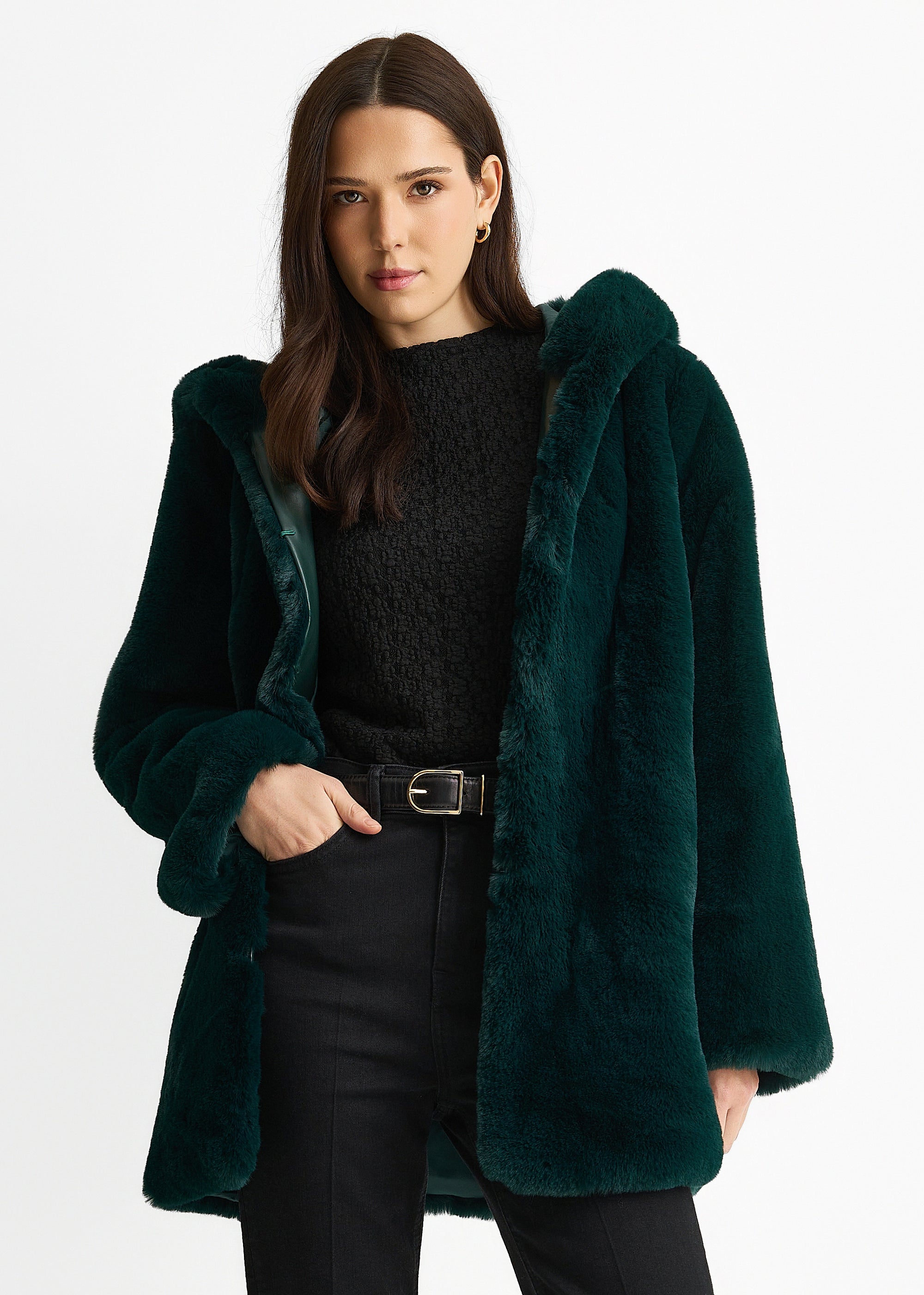 Emerald Green Hooded Long Sleeve Faux Fur Jacket