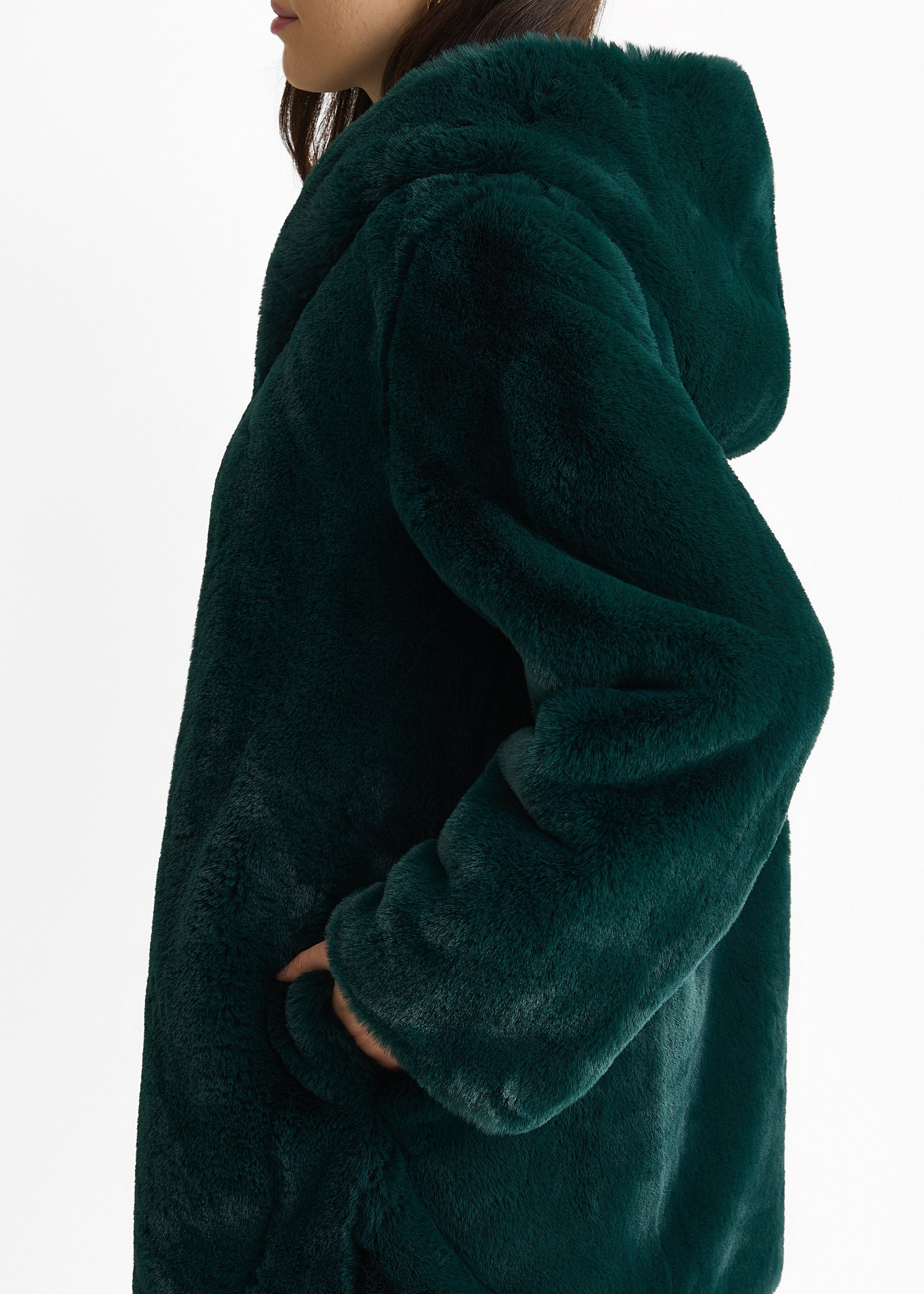 Emerald Green Hooded Long Sleeve Faux Fur Jacket