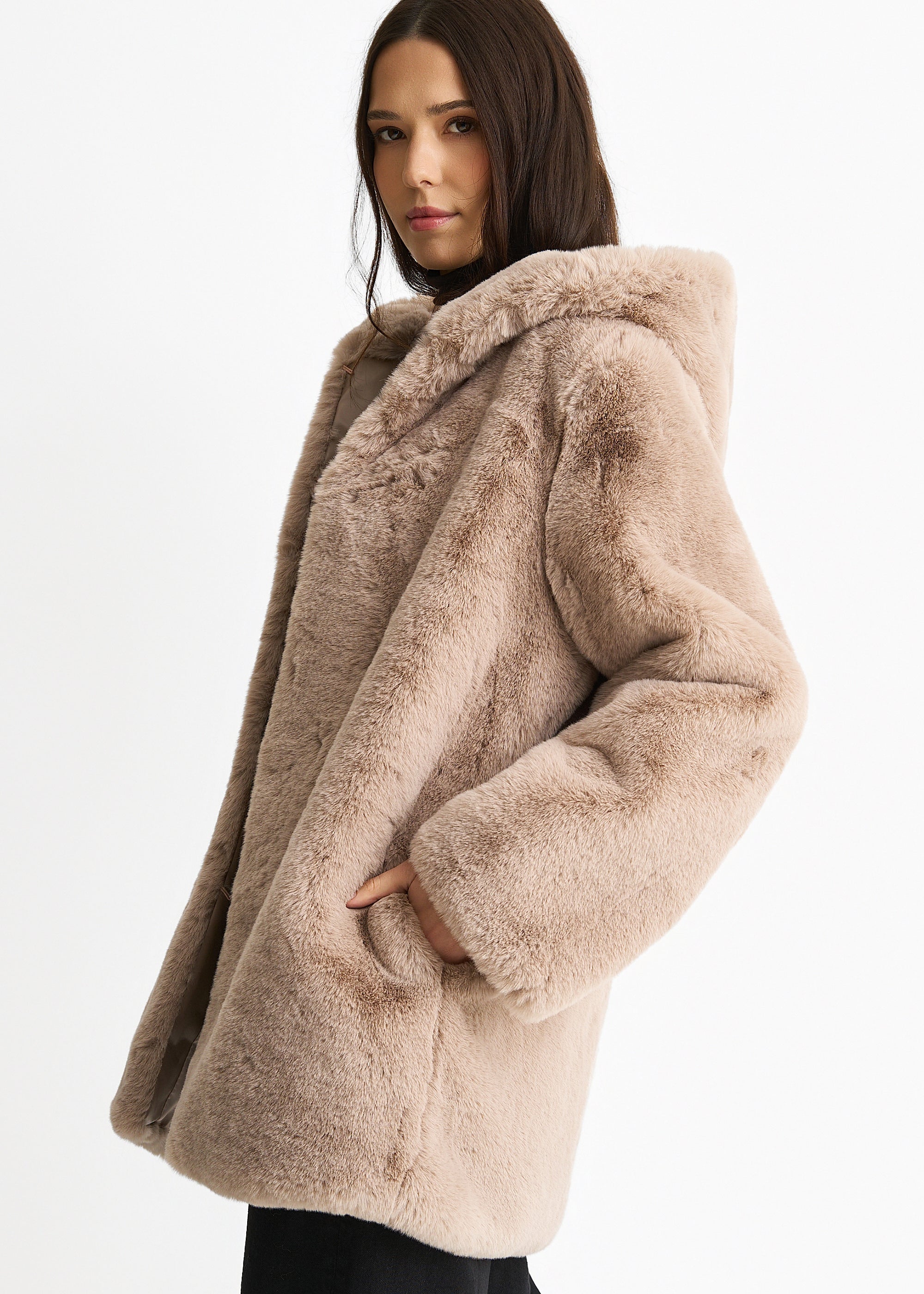 Mink Hooded Long Sleeve Faux Fur Jacket