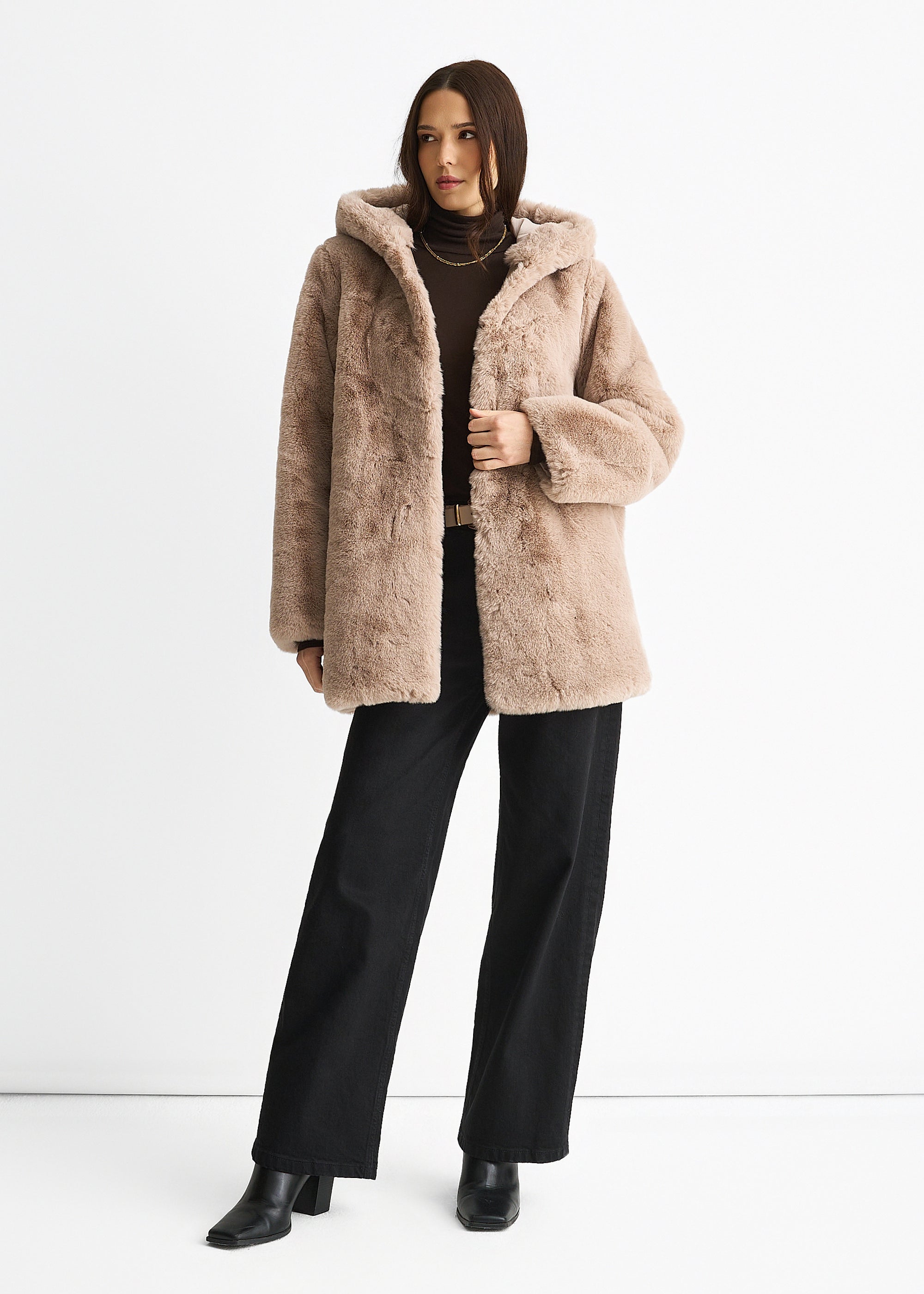 Mink Hooded Long Sleeve Faux Fur Jacket