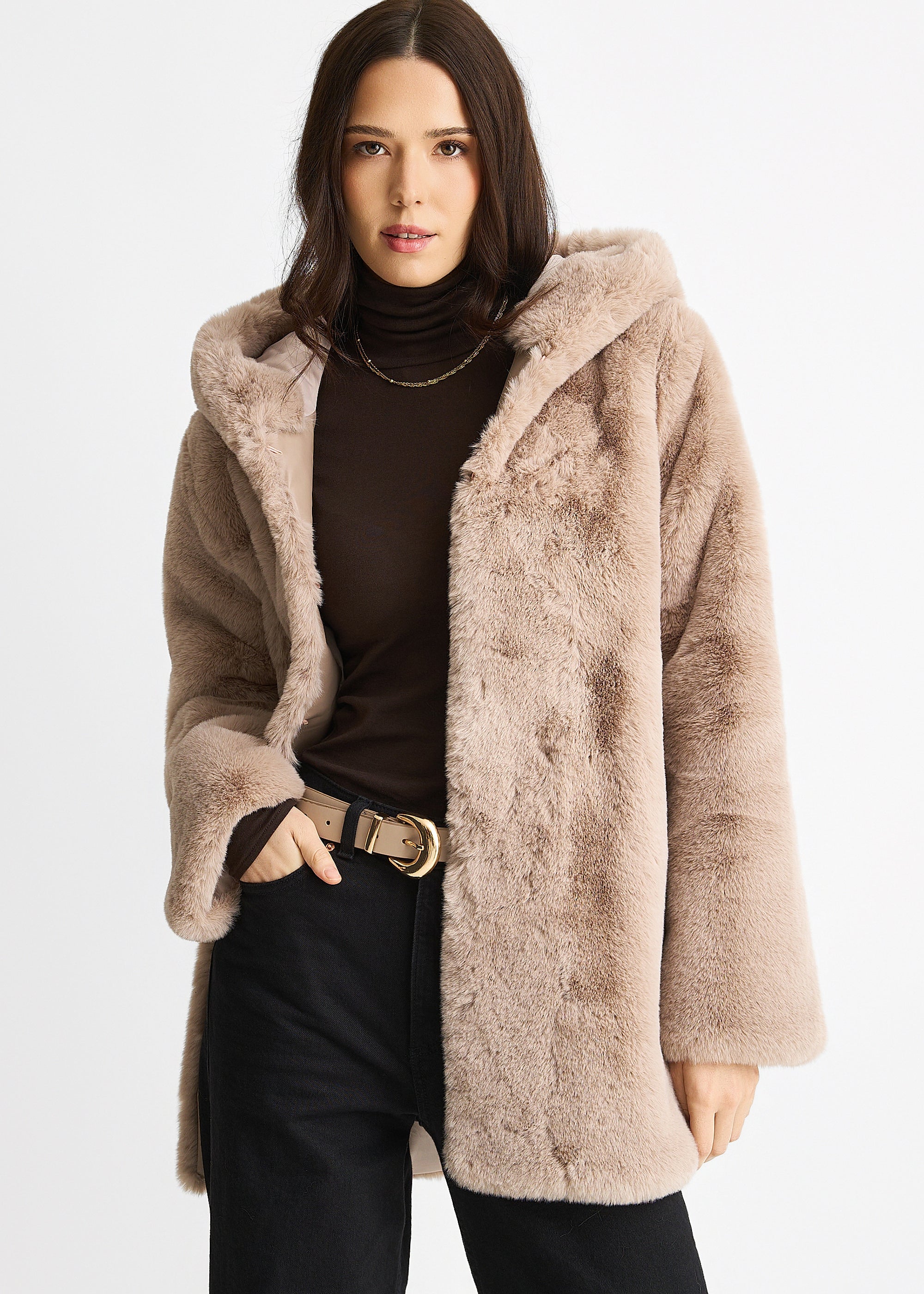 Mink Hooded Long Sleeve Faux Fur Jacket