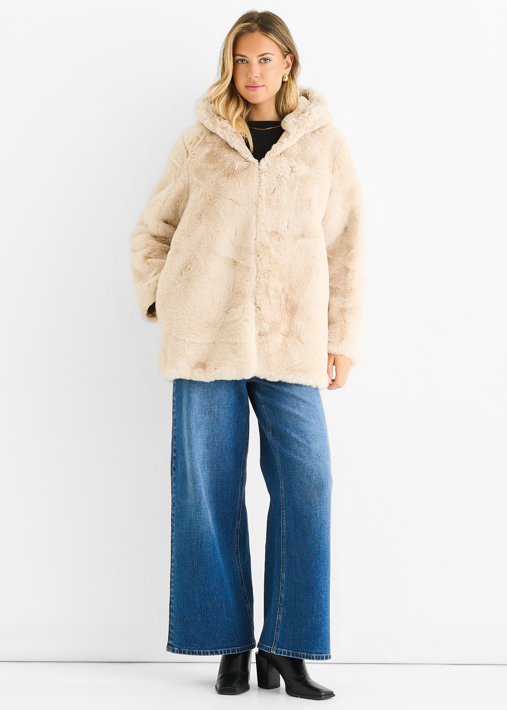 Stone Hooded Long Sleeve Faux Fur Jacket