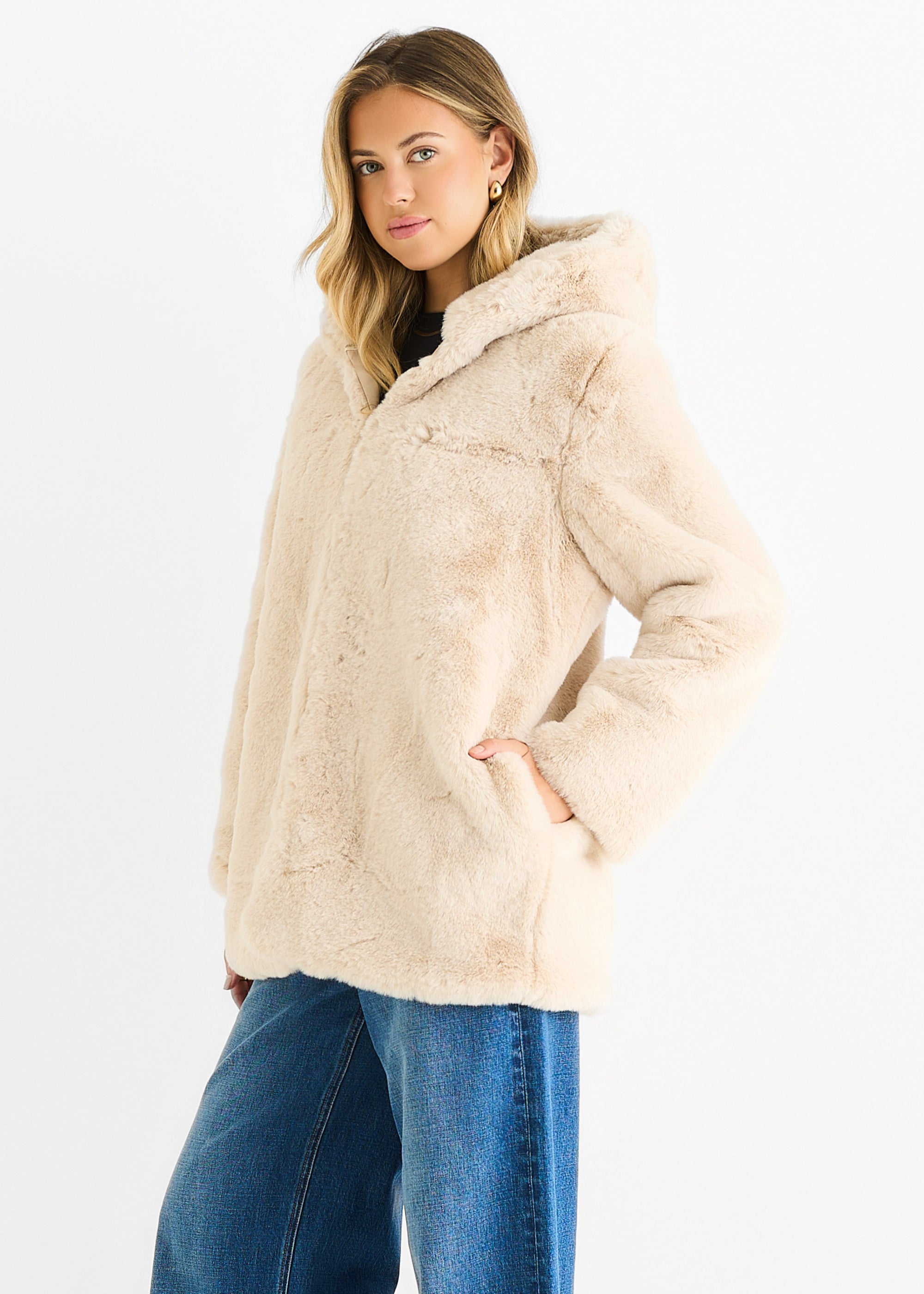 Stone Hooded Long Sleeve Faux Fur Jacket