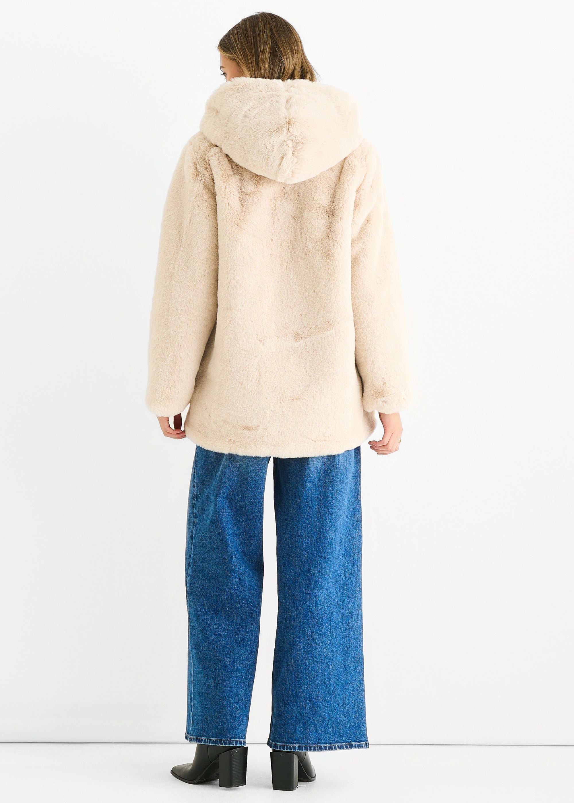 Stone Hooded Long Sleeve Faux Fur Jacket