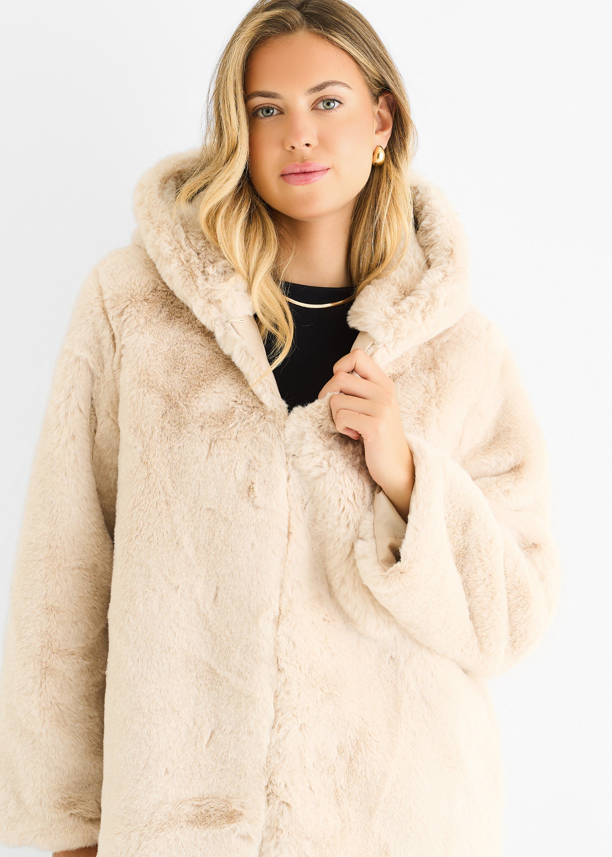 Stone Hooded Long Sleeve Faux Fur Jacket