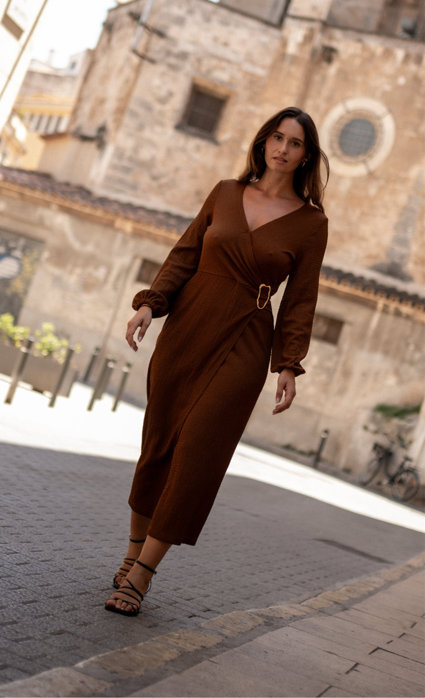Brown Jersey Texture Wrap Metal Trim Midi Dress