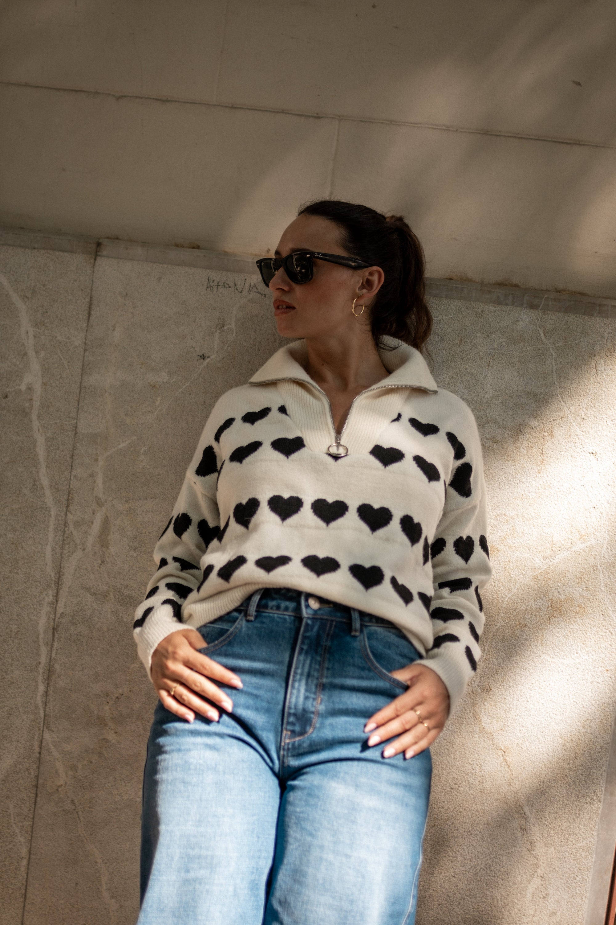 Cream Heart Zip Up Loose Fit Knit Jumper