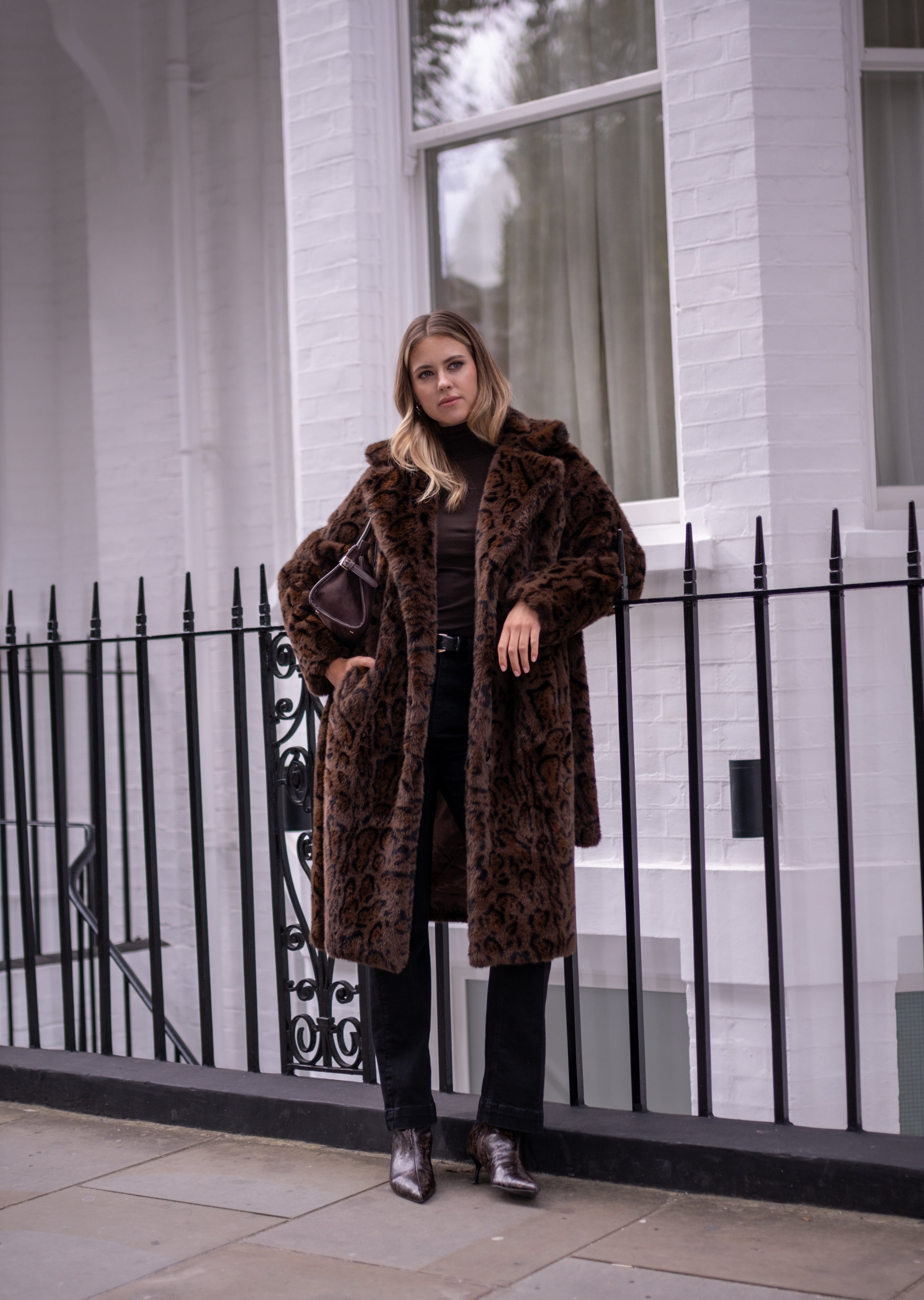 Chocolate Leopard Print Premium Faux Fur Belted Coat