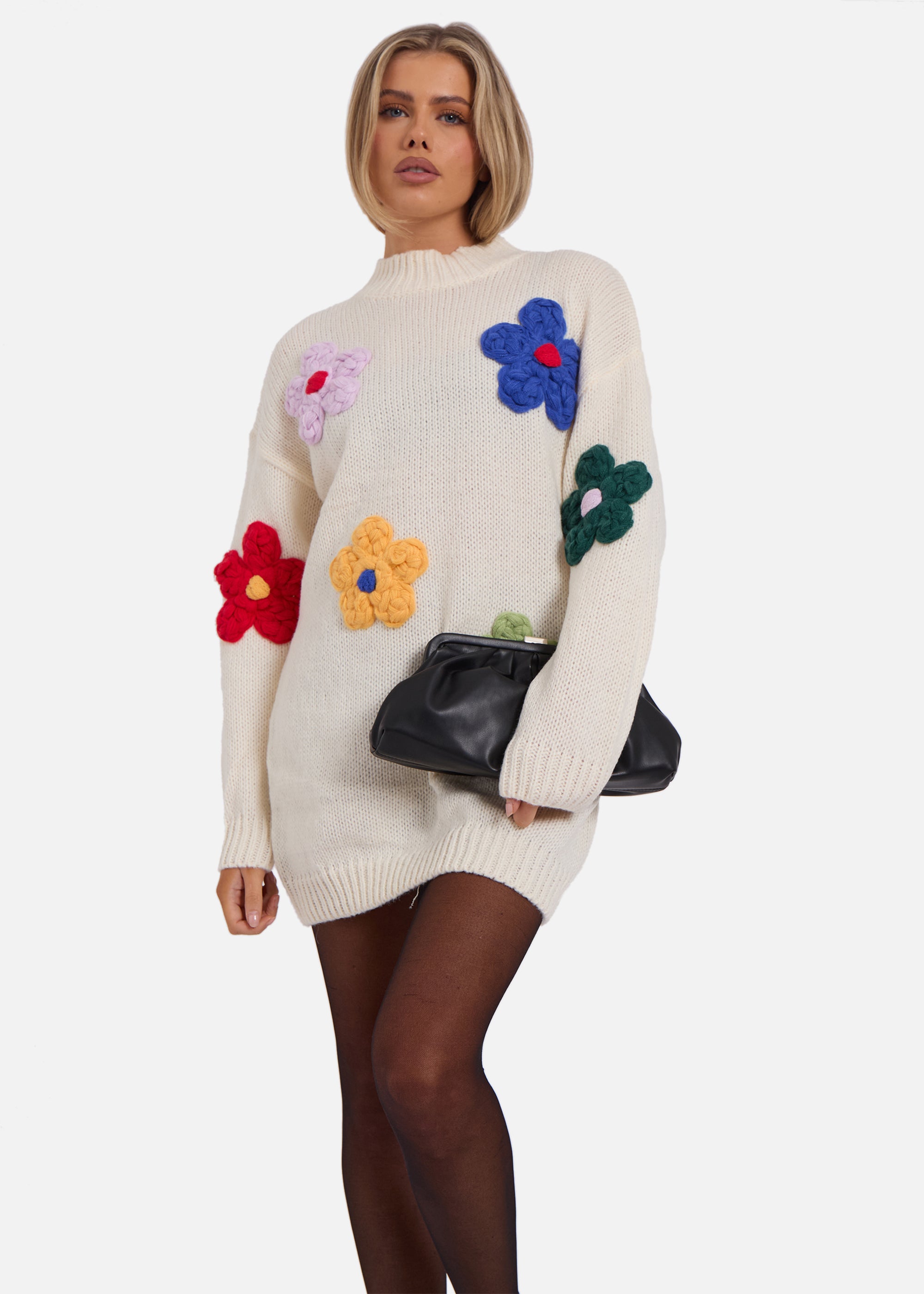 Cream Floral Appliqué High Neck Oversized Jumper
