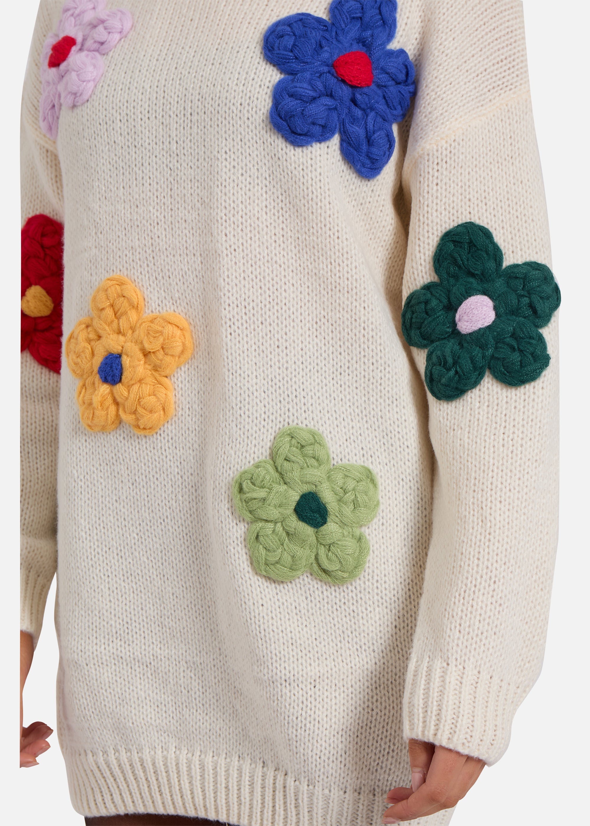 Cream Floral Appliqué High Neck Oversized Jumper