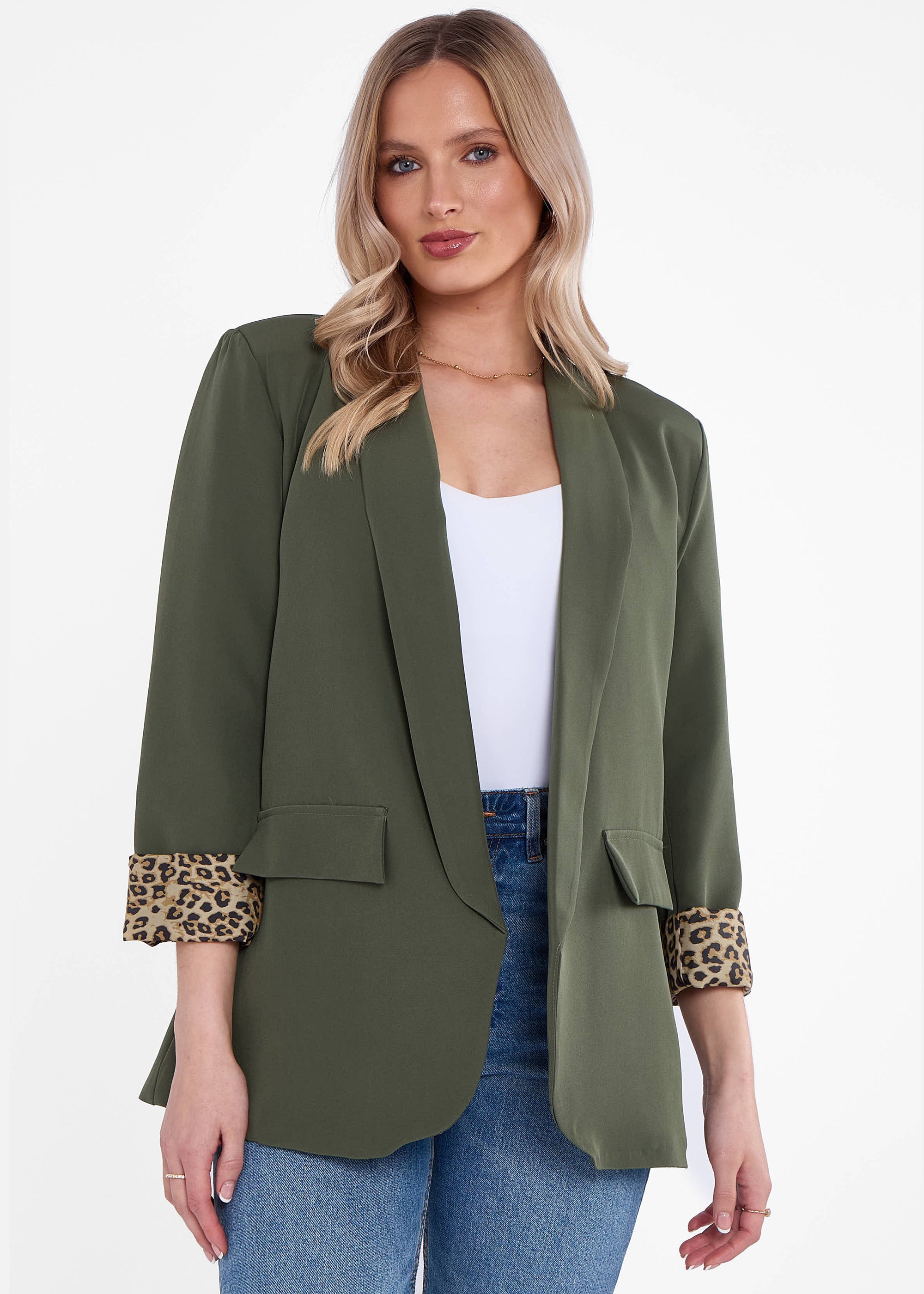Khaki Contrast Animal Edge to Edge Blazer