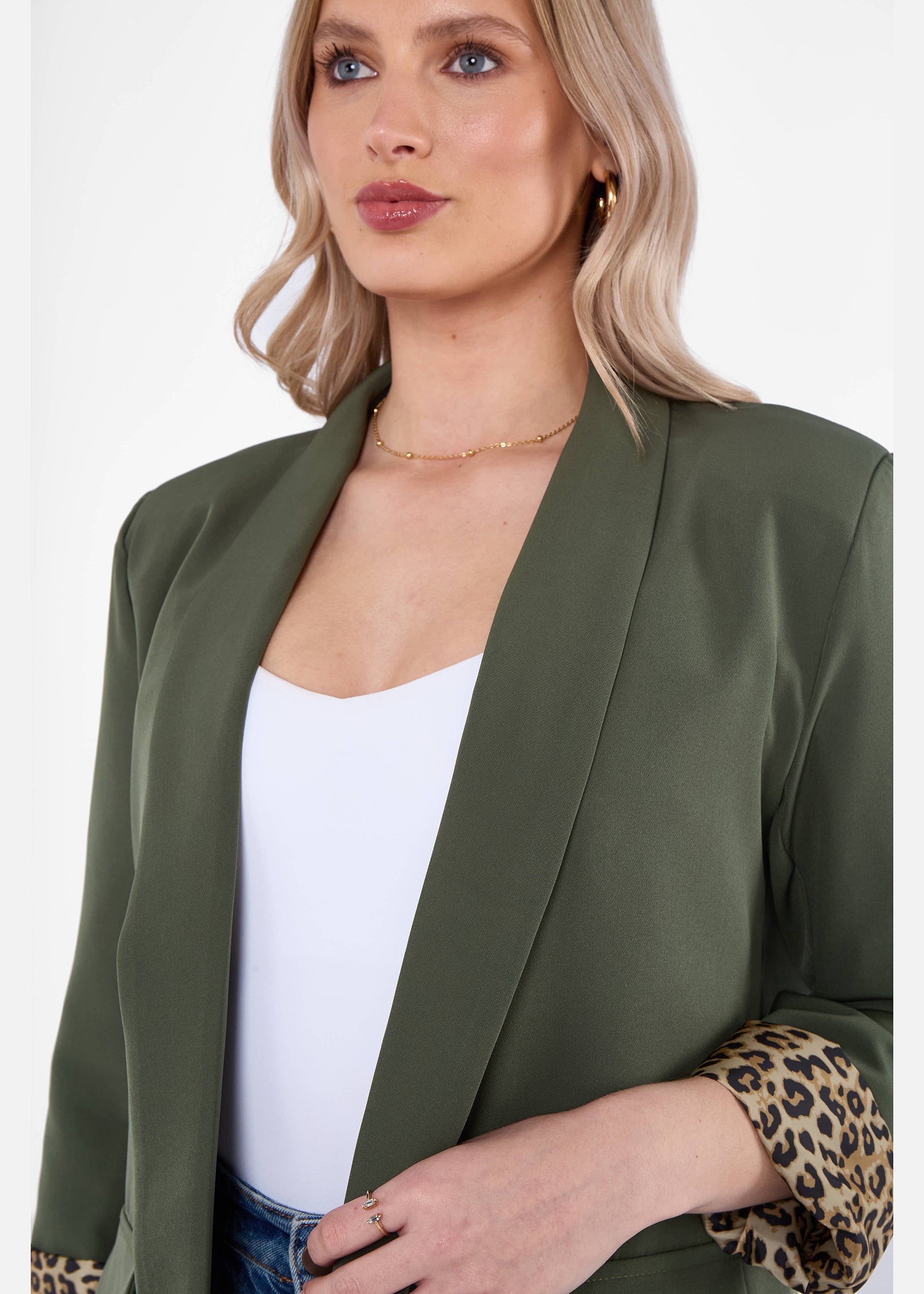 Khaki Contrast Animal Edge to Edge Blazer