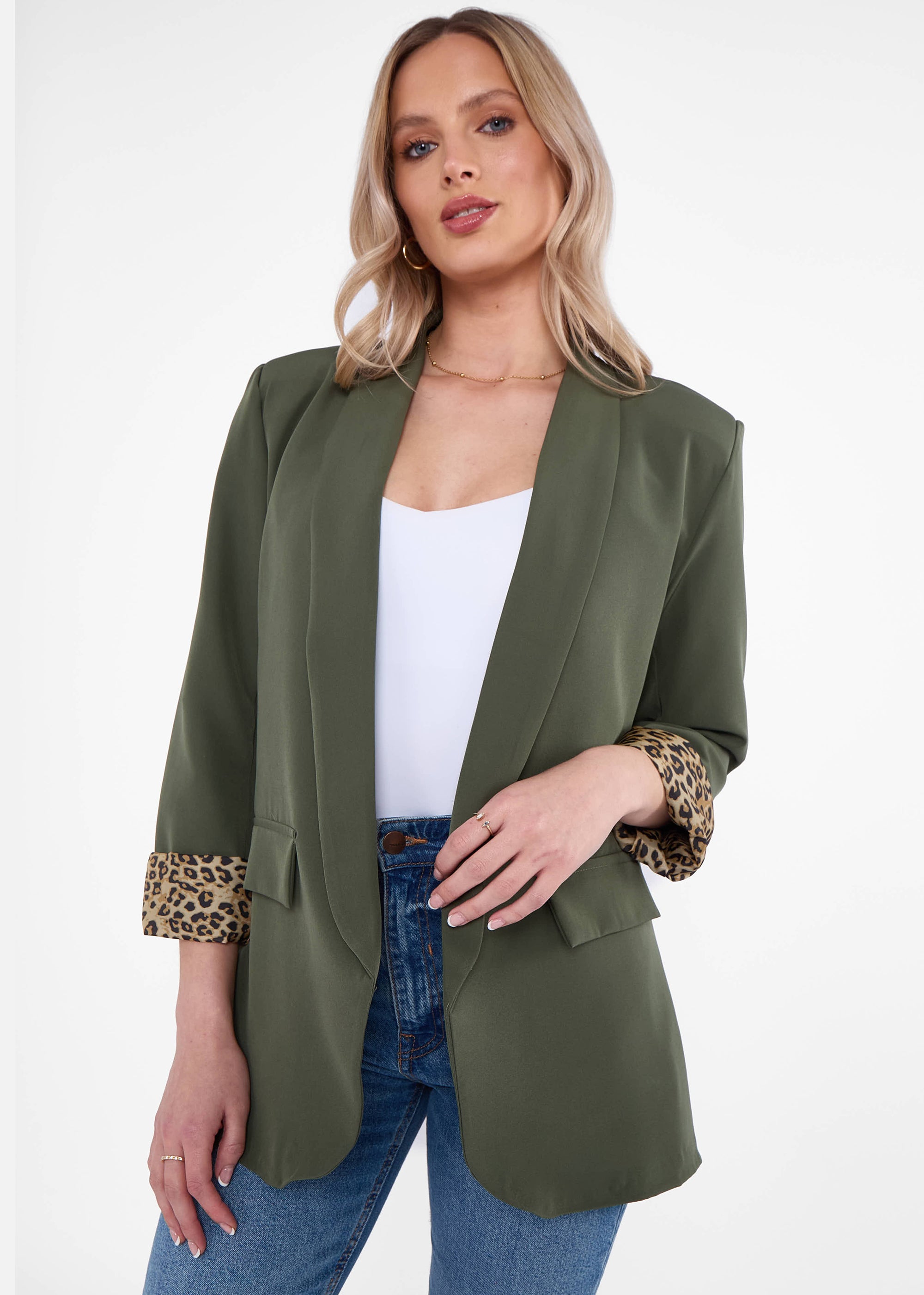 Khaki Contrast Animal Edge to Edge Blazer