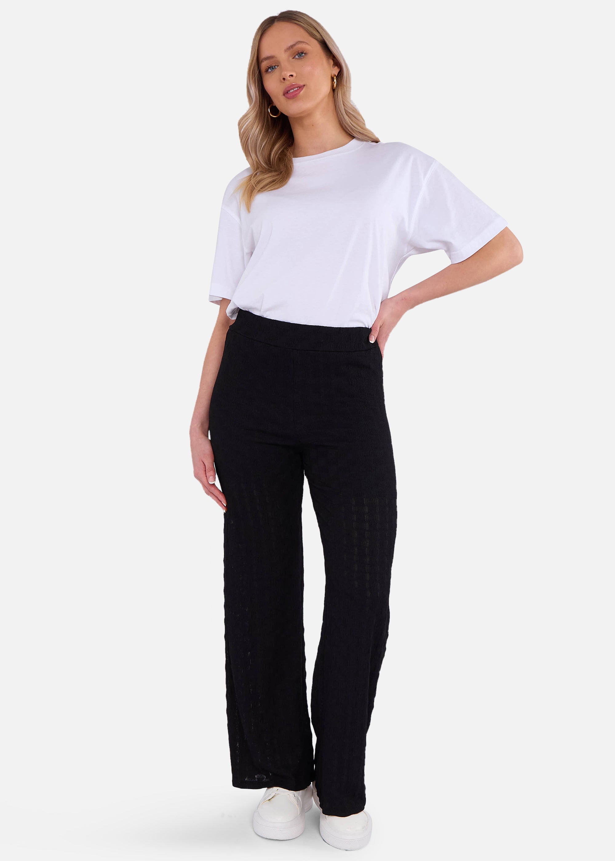Black Textured Elasticated Waist Flared Trousers